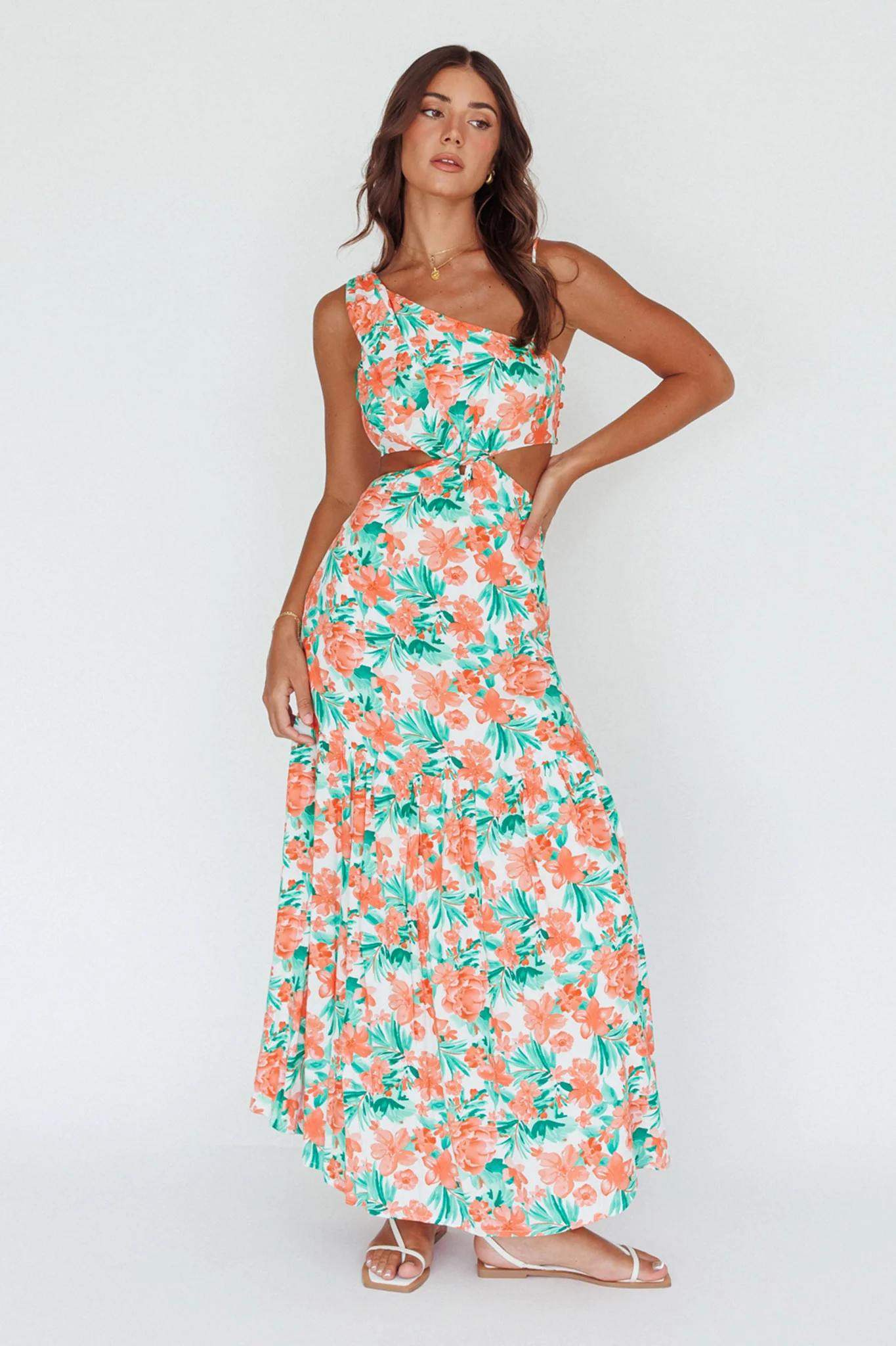 Evening Breeze Cut-Out Waist Maxi Dress Floral Orange - Image 4