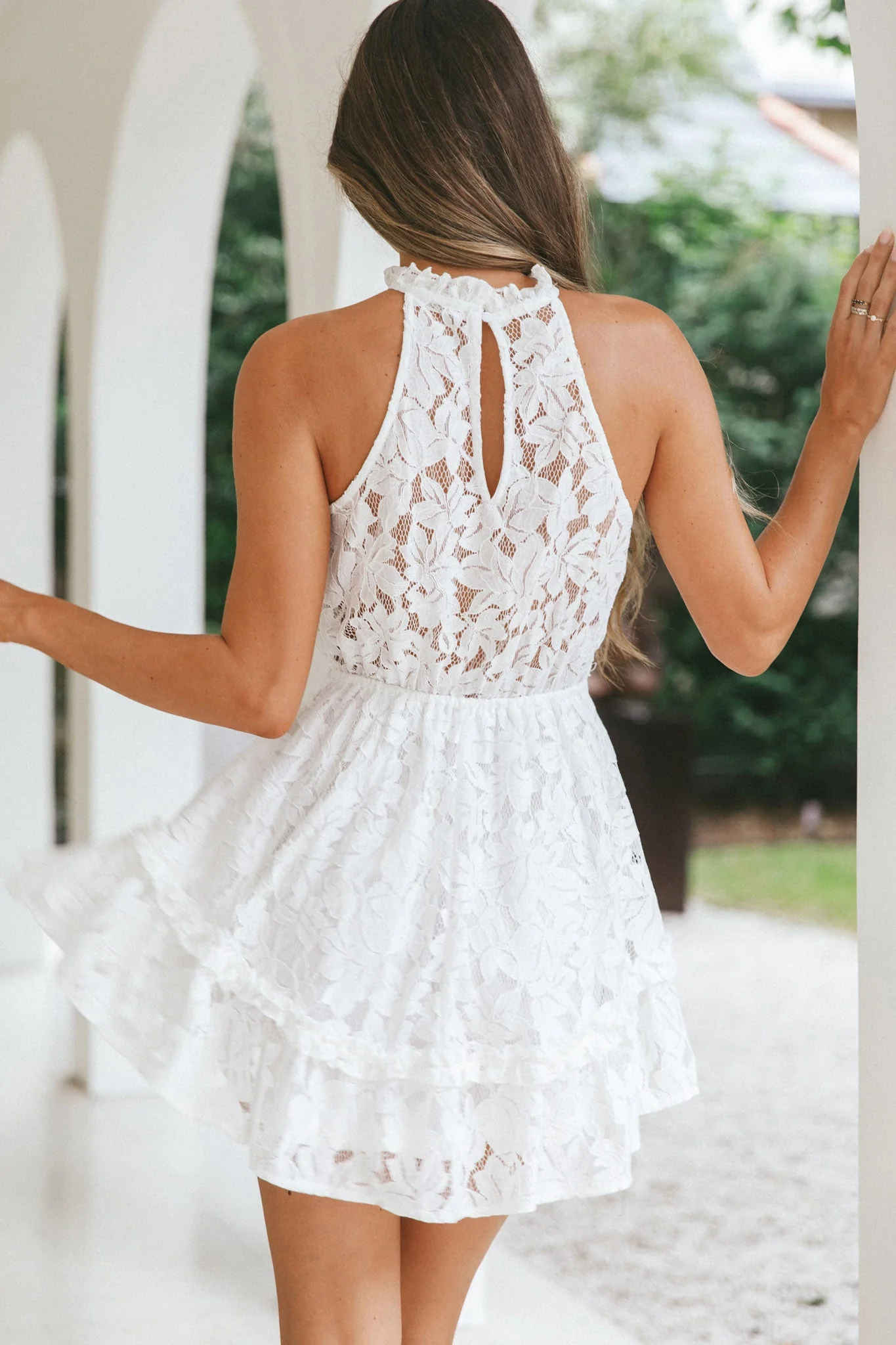 Ever After Halterneck Elasticated Waist Lace Mini Dress White - Image 3