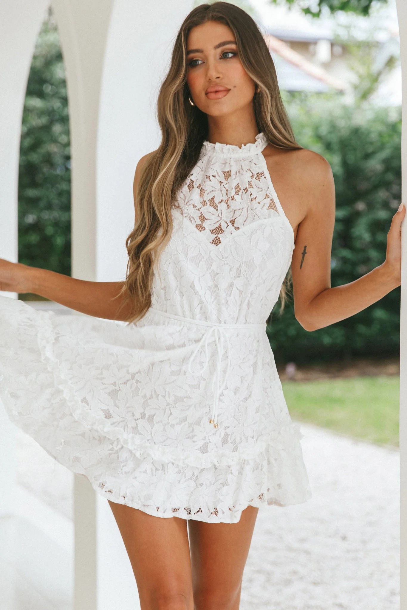 Ever After Halterneck Elasticated Waist Lace Mini Dress White - Image 4