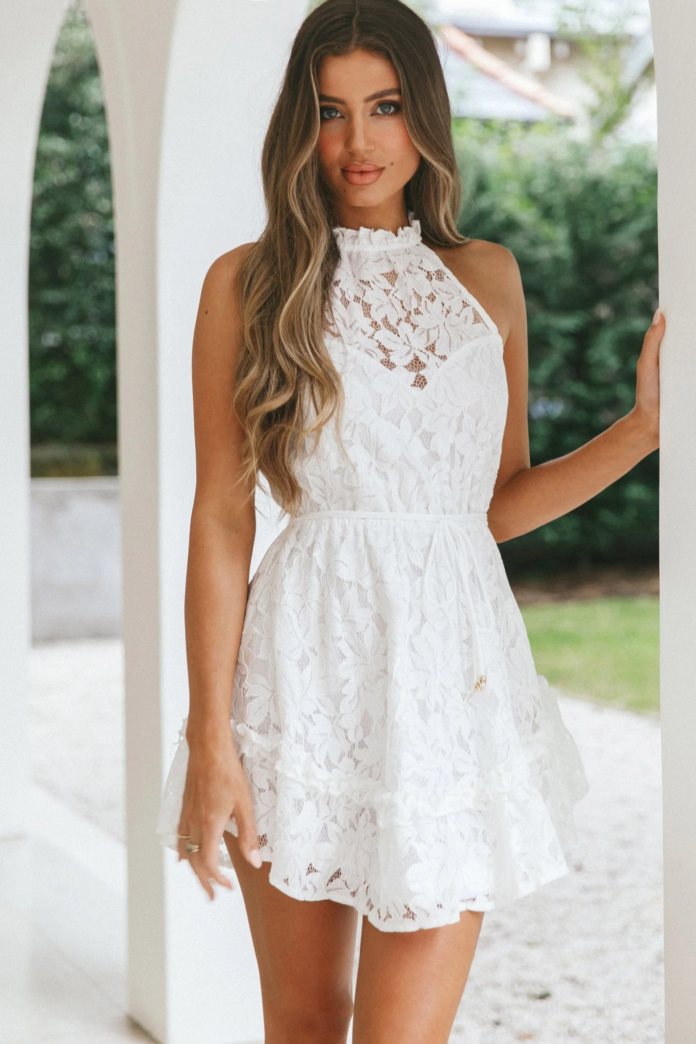 Ever After Halterneck Elasticated Waist Lace Mini Dress White - Image 6