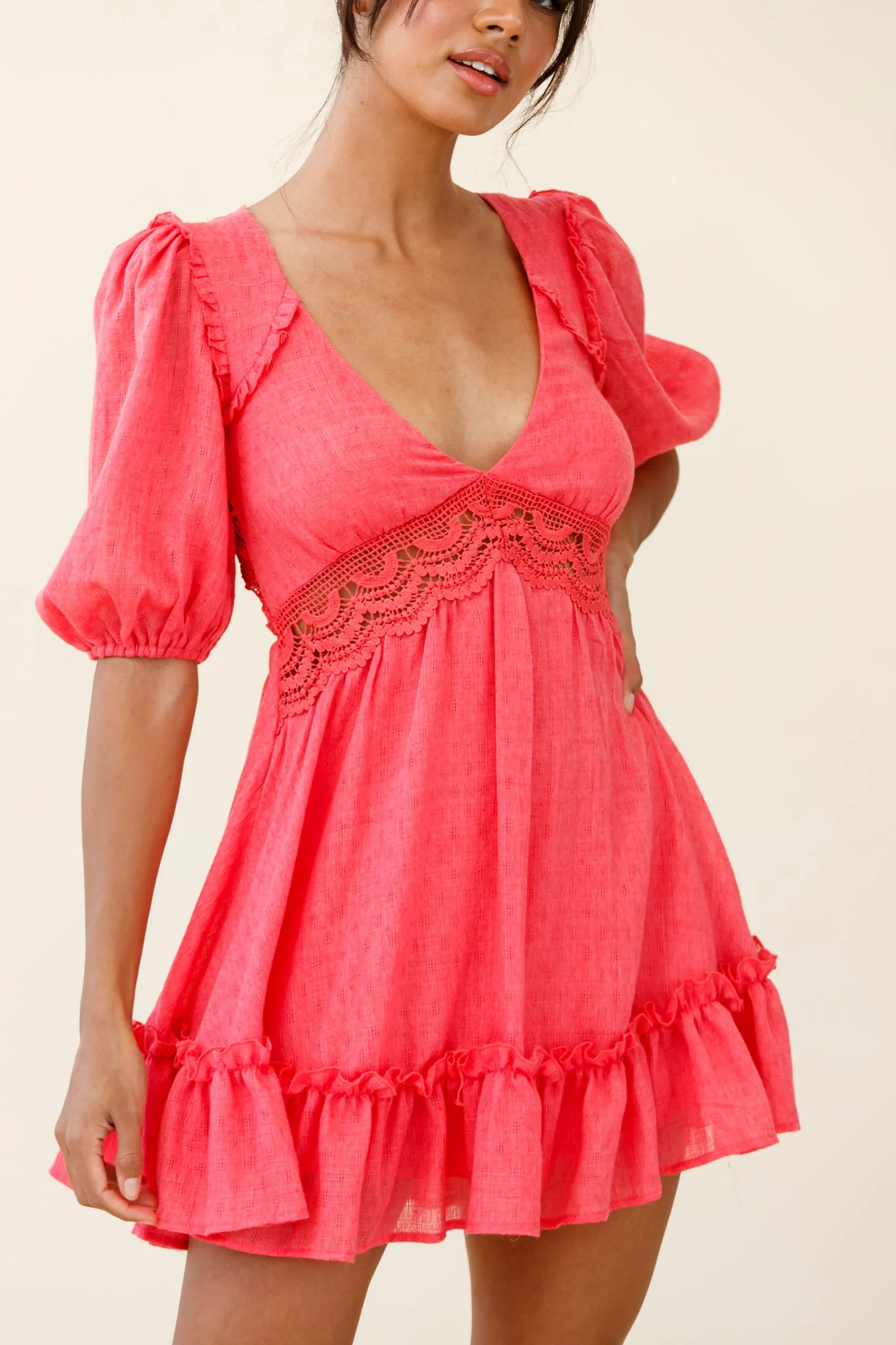Everleigh Milkmaid Sleeve Exposed Back Dress Coral - Image 4