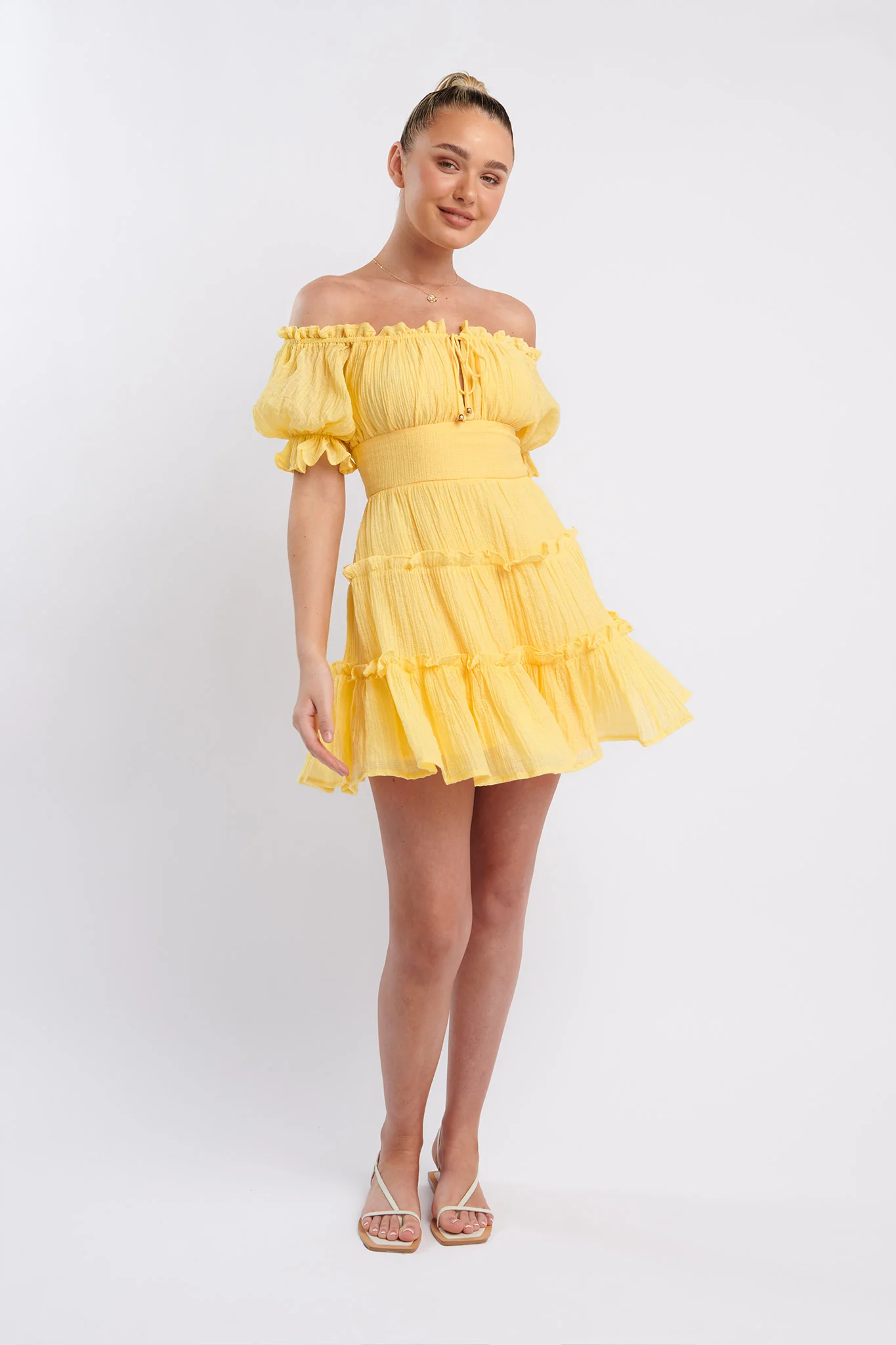 Everley Puff Sleeve Mini Dress Lemon - Image 3