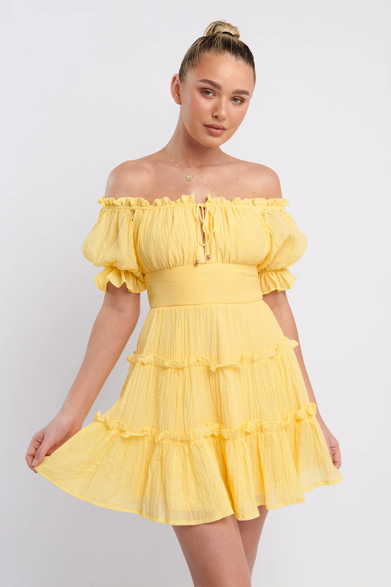 Everley Puff Sleeve Mini Dress Lemon - Image 5