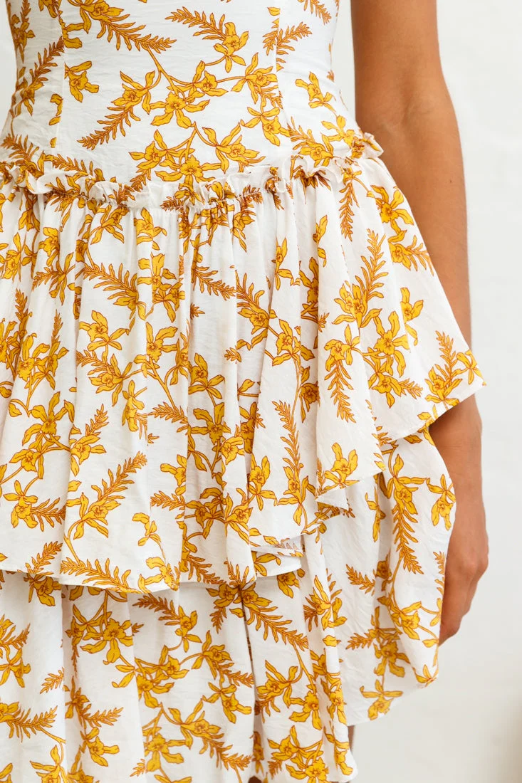 Evie Fitted Bodice Double Flounce Hem Floral Print Dress White - Image 4