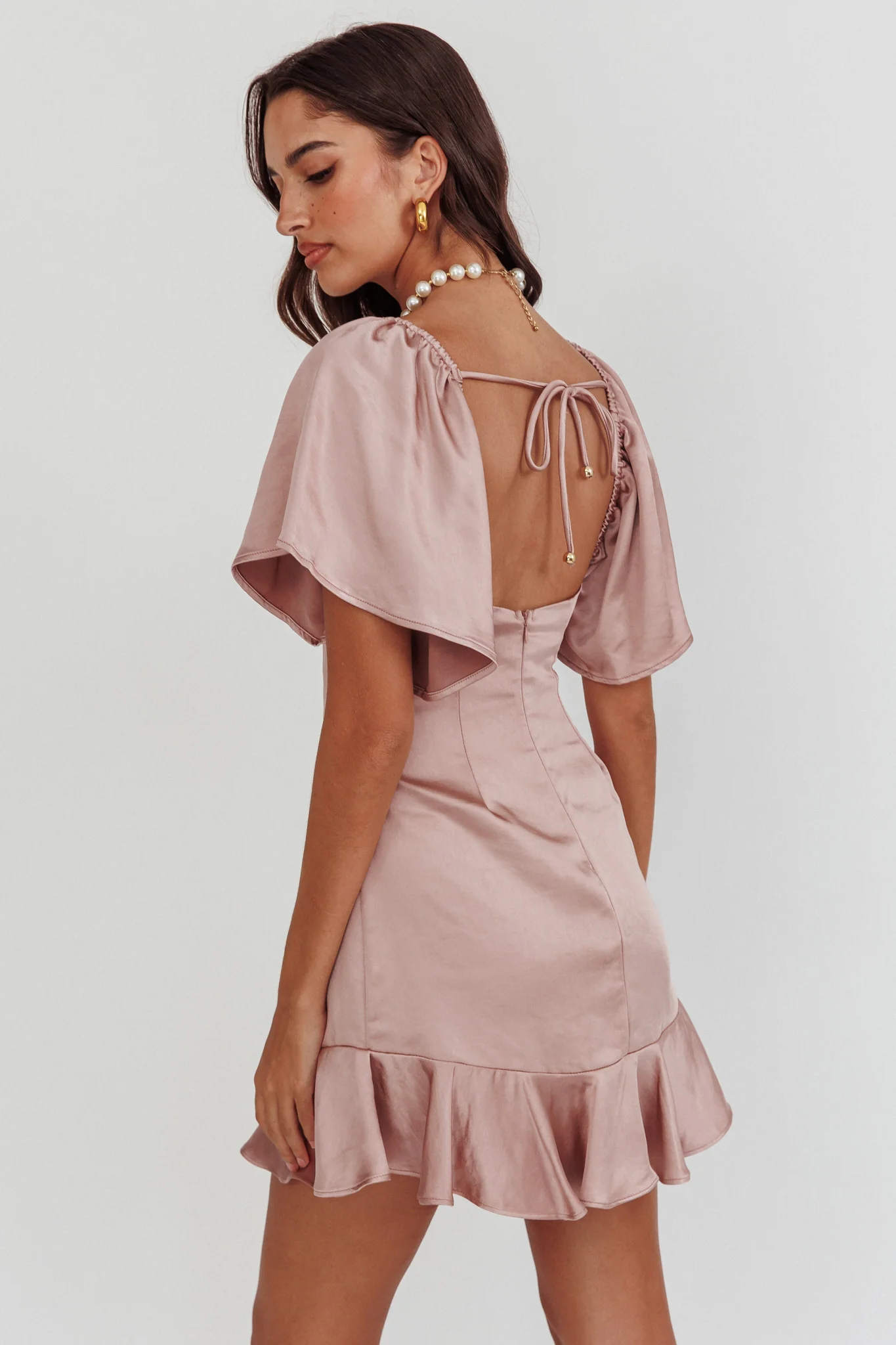 Eyes On You Pleated Bust Angel Sleeve Ruffle Hem Dress Blush - Image 2