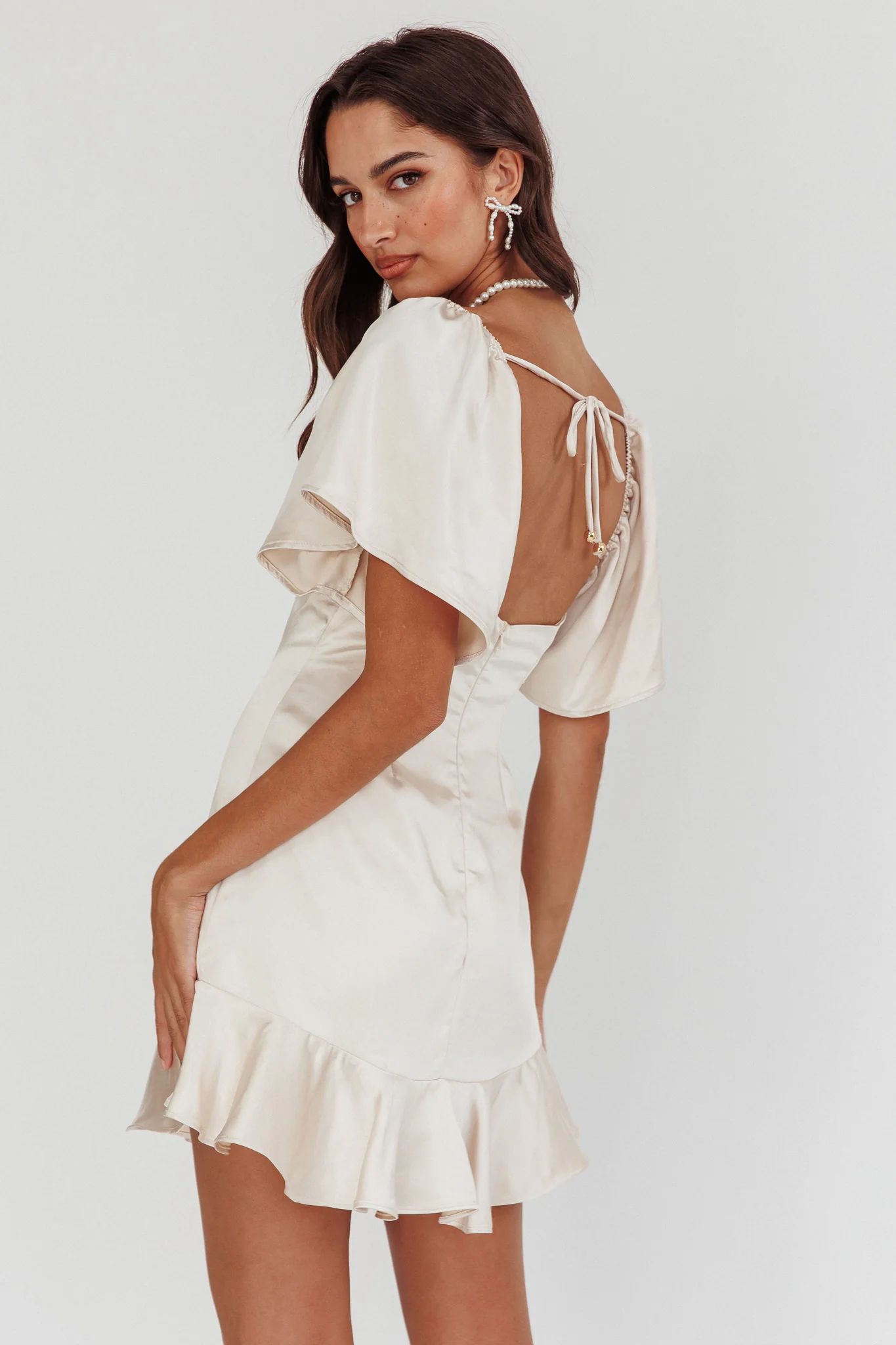 Eyes On You Pleated Bust Angel Sleeve Ruffle Hem Dress Champagne - Image 3