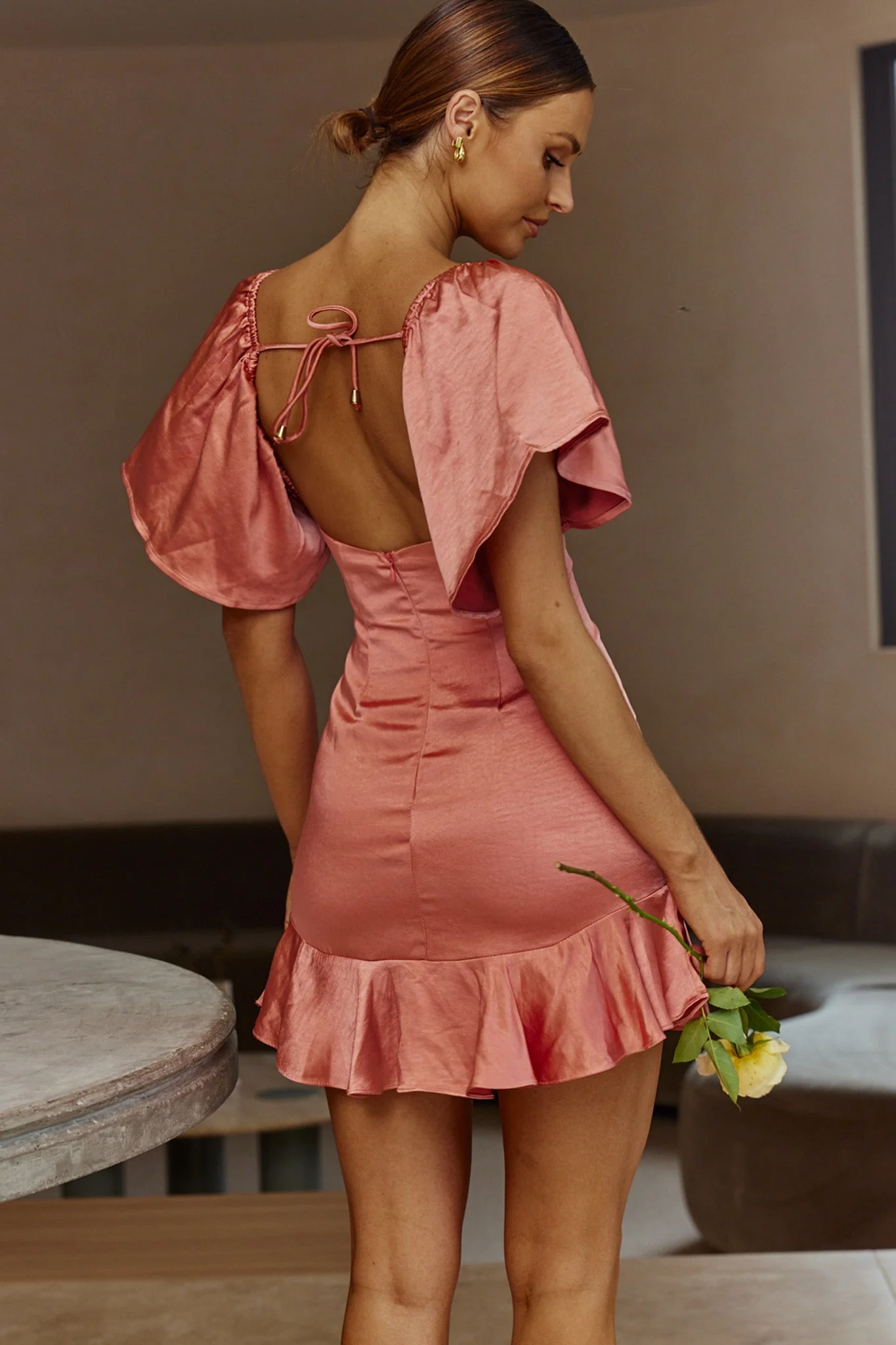 Eyes On You Pleated Bust Angel Sleeve Ruffle Hem Dress Rose - Image 4