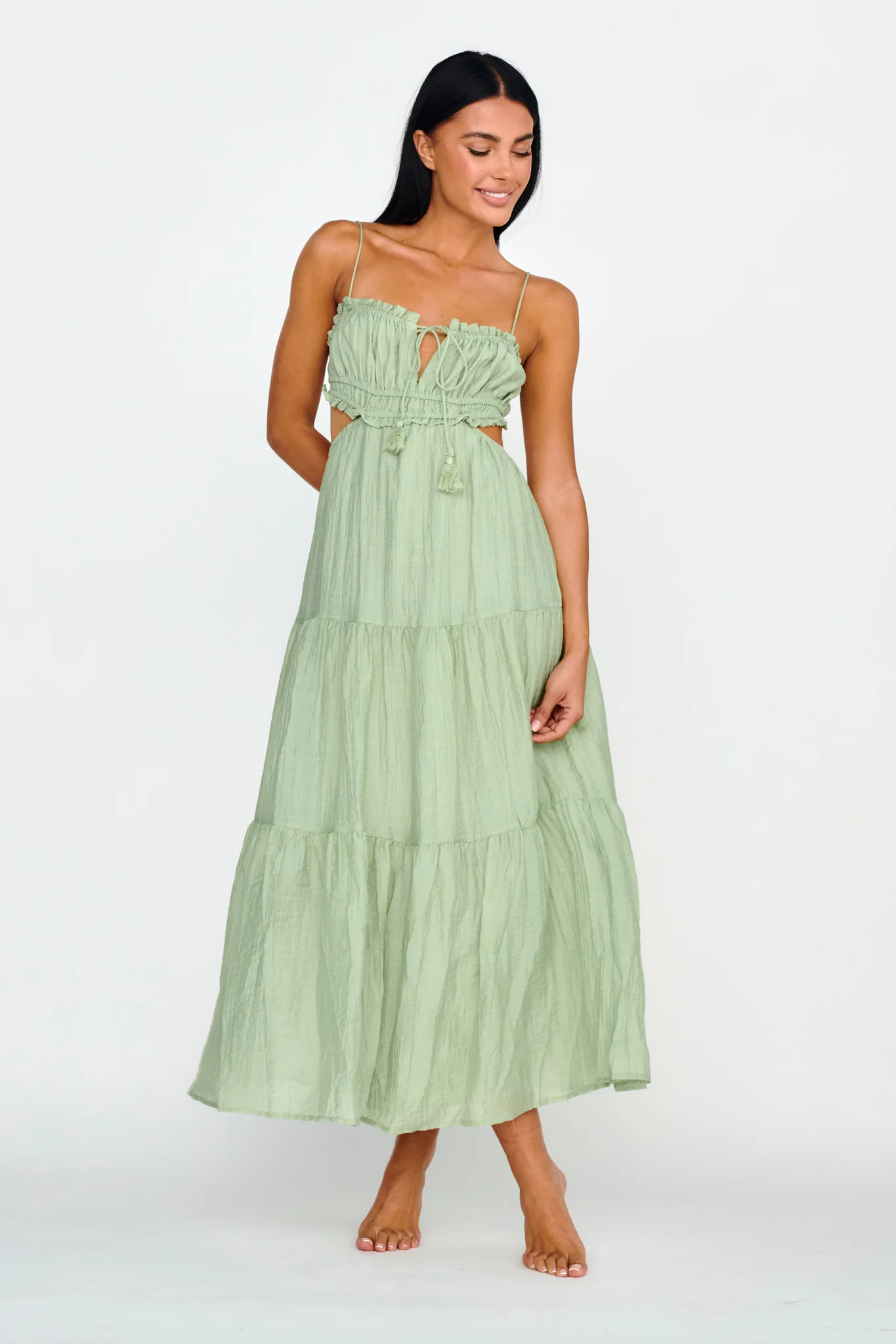 Eyona Cut-Out Waist Tie Maxi Dress Sage - Image 5
