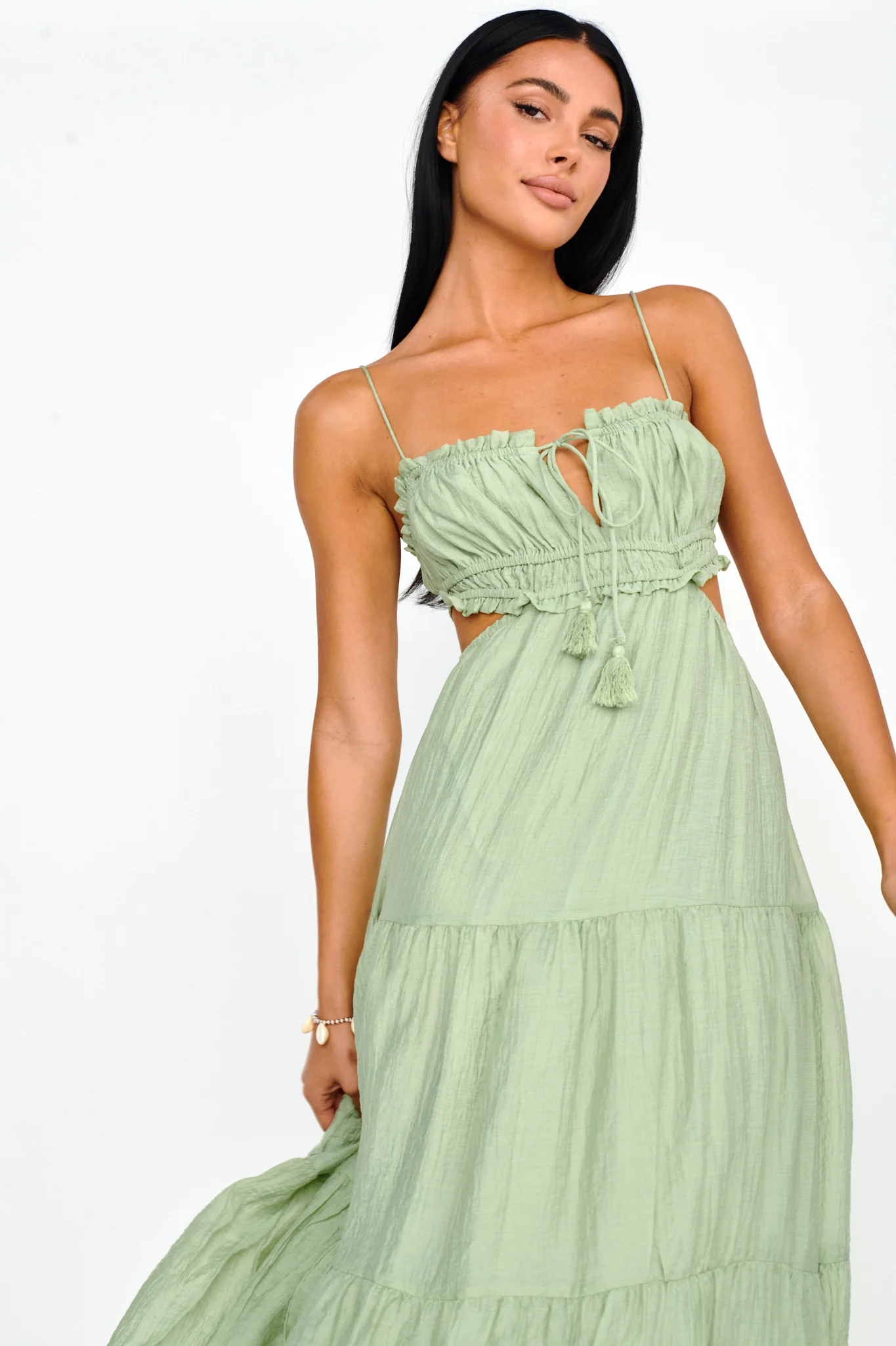 Eyona Cut-Out Waist Tie Maxi Dress Sage - Image 6