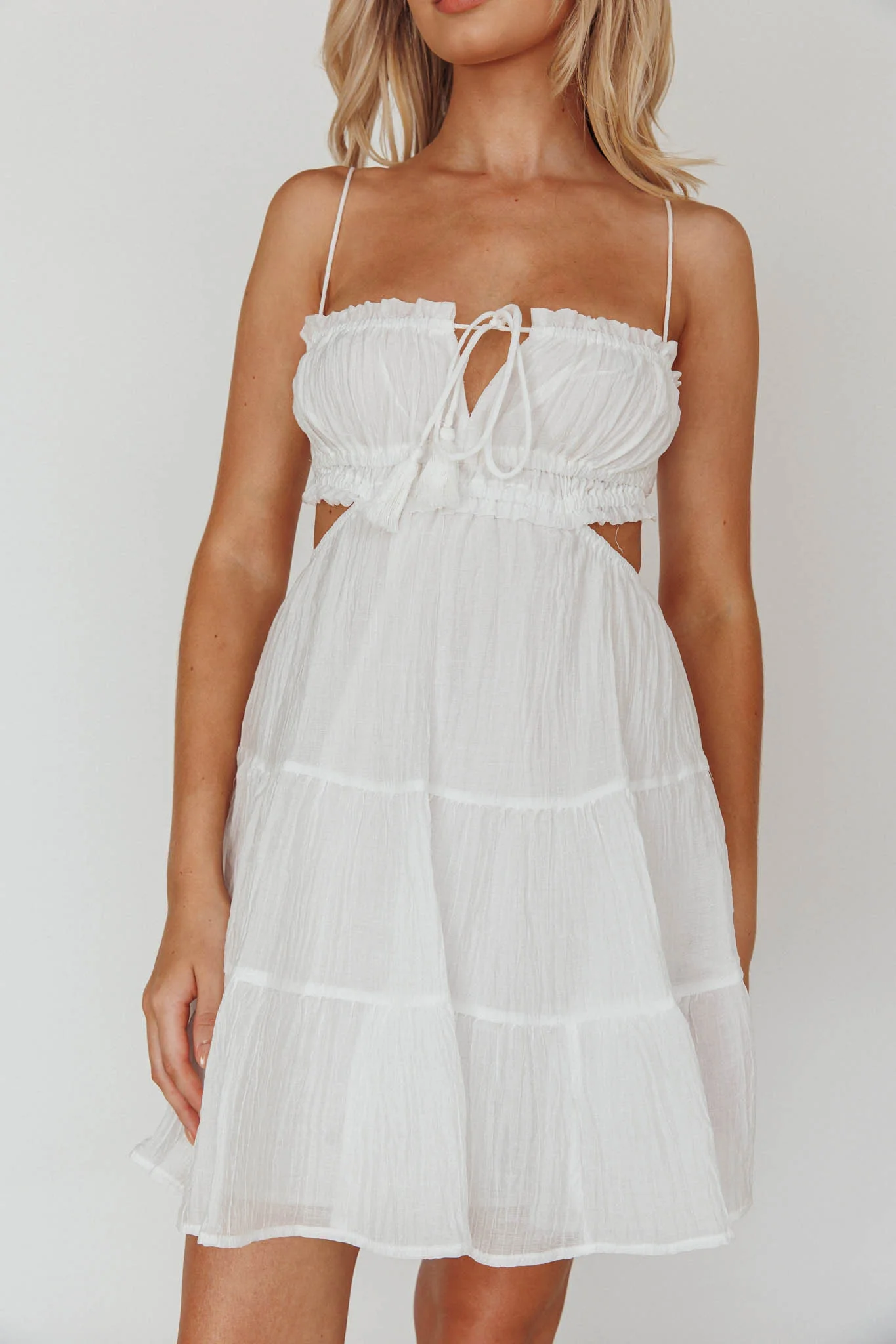Eyona Cut-Out Waist Tie Mini Dress White - Image 4