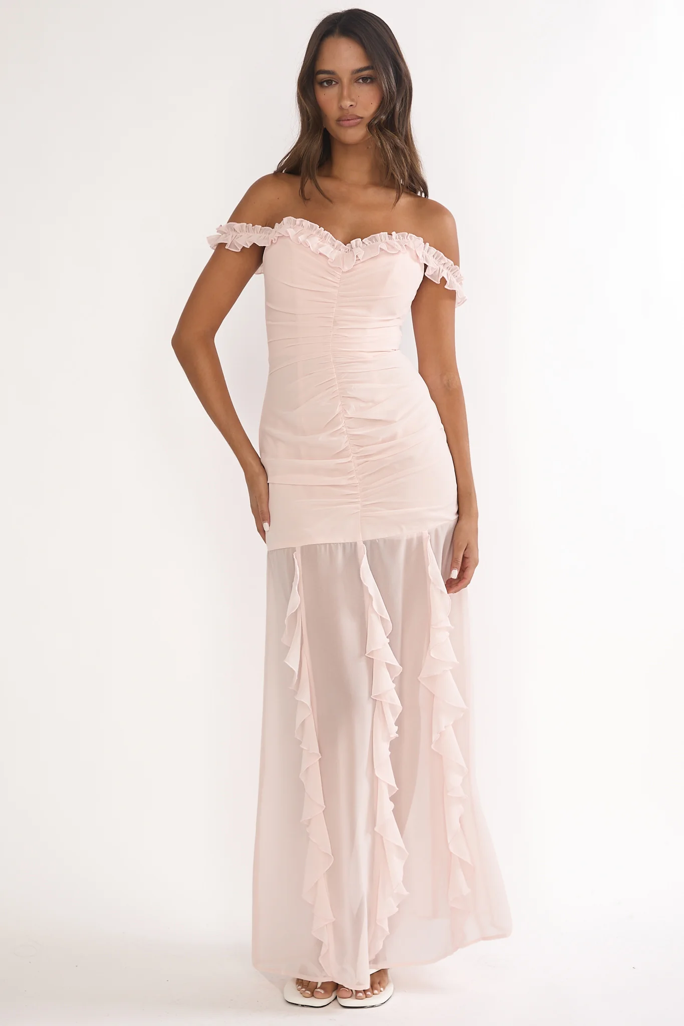 Fall In Love Off Shoulder Frill Maxi Dress Power Pink - Image 4