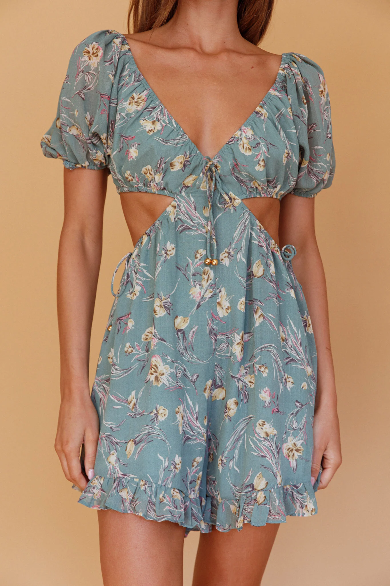 Fancy Free Cut-Out Waist Romper Floral Sage - Image 3
