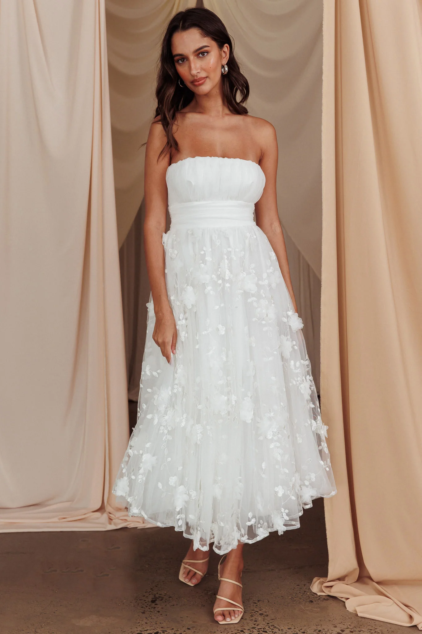 Fayette Strapless Mesh Midi Dress Embellished White - Image 3