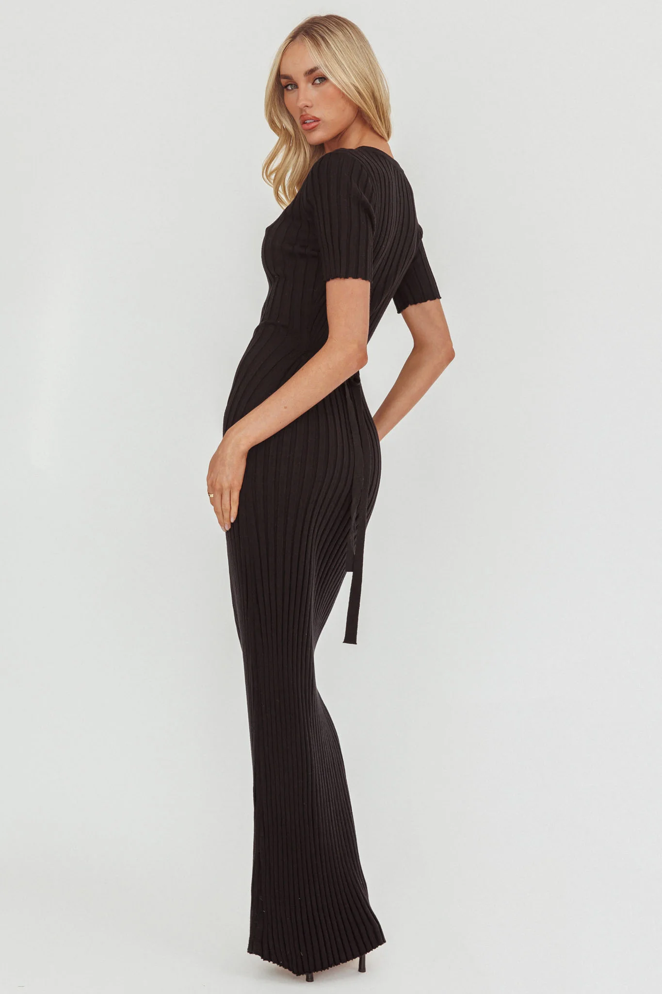Faylen Waist Tie Ribbed Knit Maxi Dress Black - Image 3
