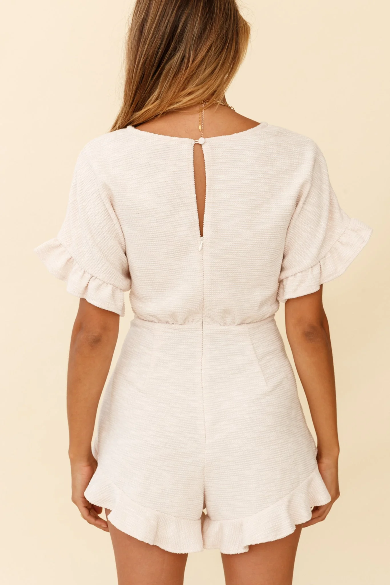 Feelin' Blessed Waist-Tie Frill Trim Romper Beige - Image 2