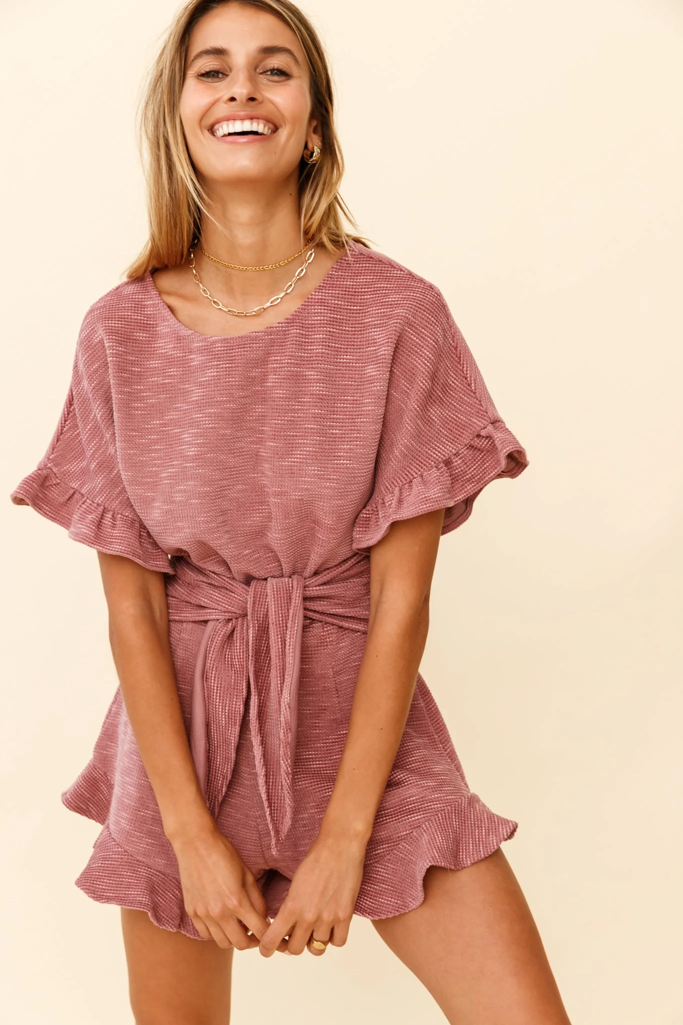 Feelin' Blessed Waist-Tie Frill Trim Romper Mauve - Image 3