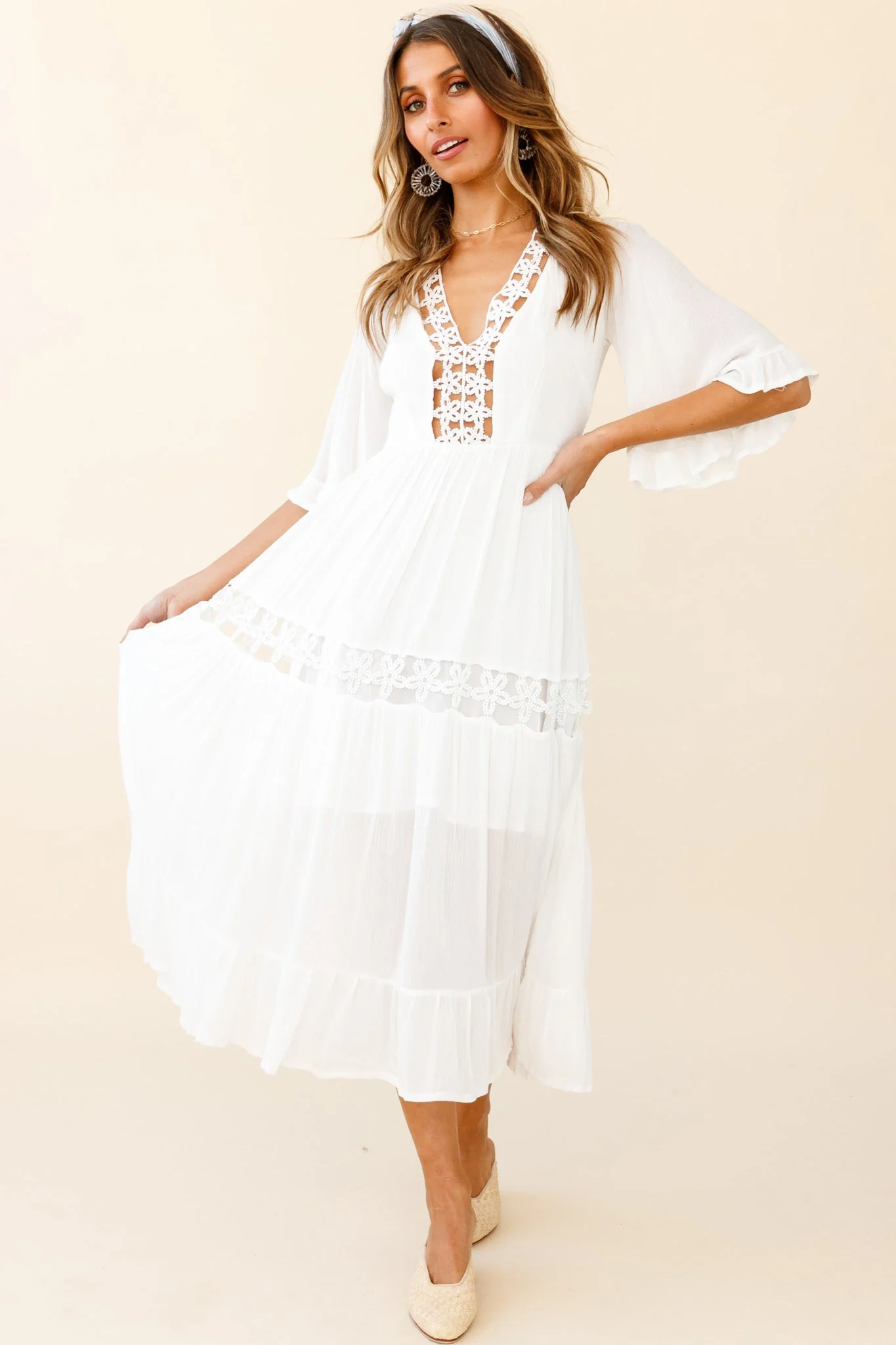 Feeling Groovy Bell Sleeve Crochet Trim Maxi Dress White - Image 5