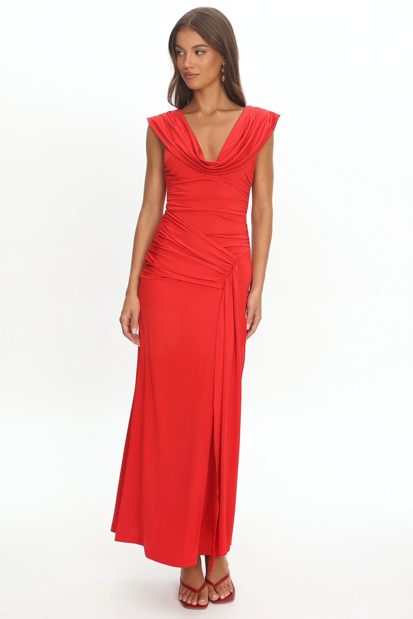Fermi Draped Shoulder Maxi Dress Red - Image 2