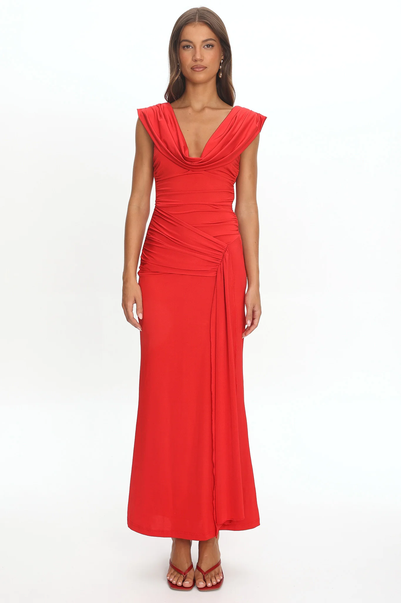 Fermi Draped Shoulder Maxi Dress Red - Image 5