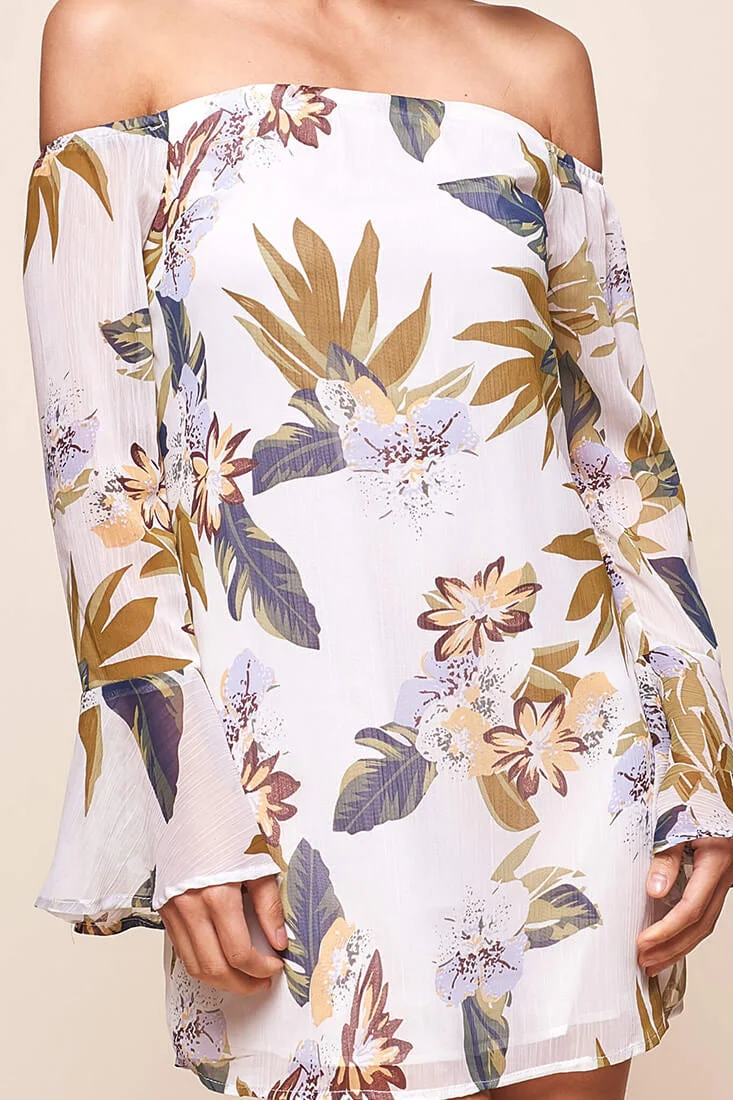 Fernanda Bardot Neckline Floral Print Dress White - Image 5