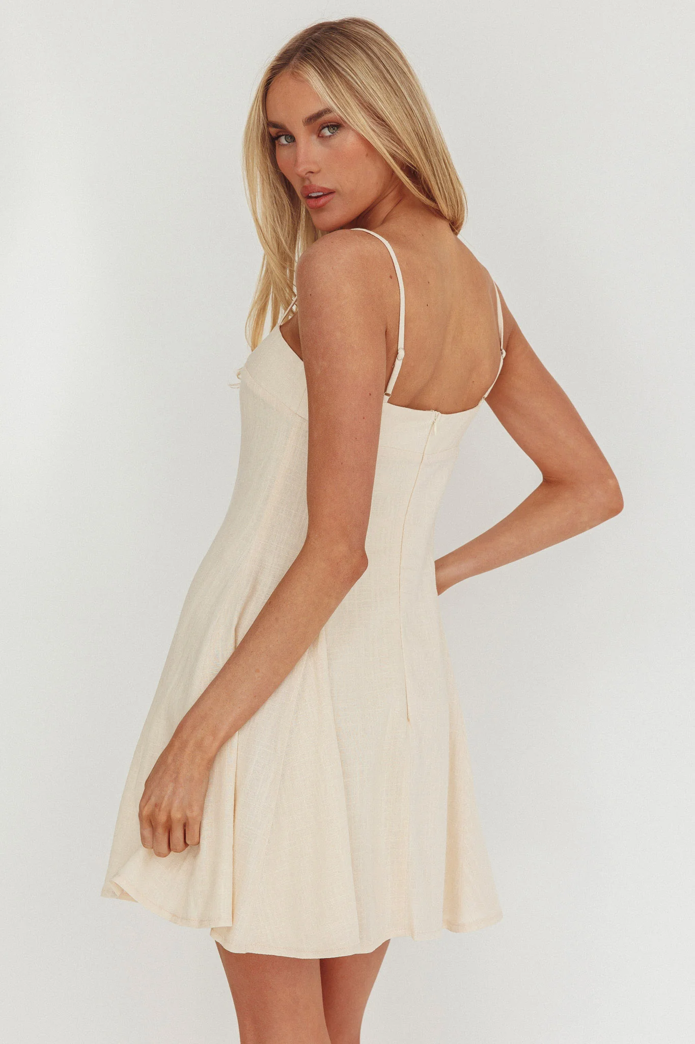 Fianna Button Front Godet Mini Dress Cream - Image 2