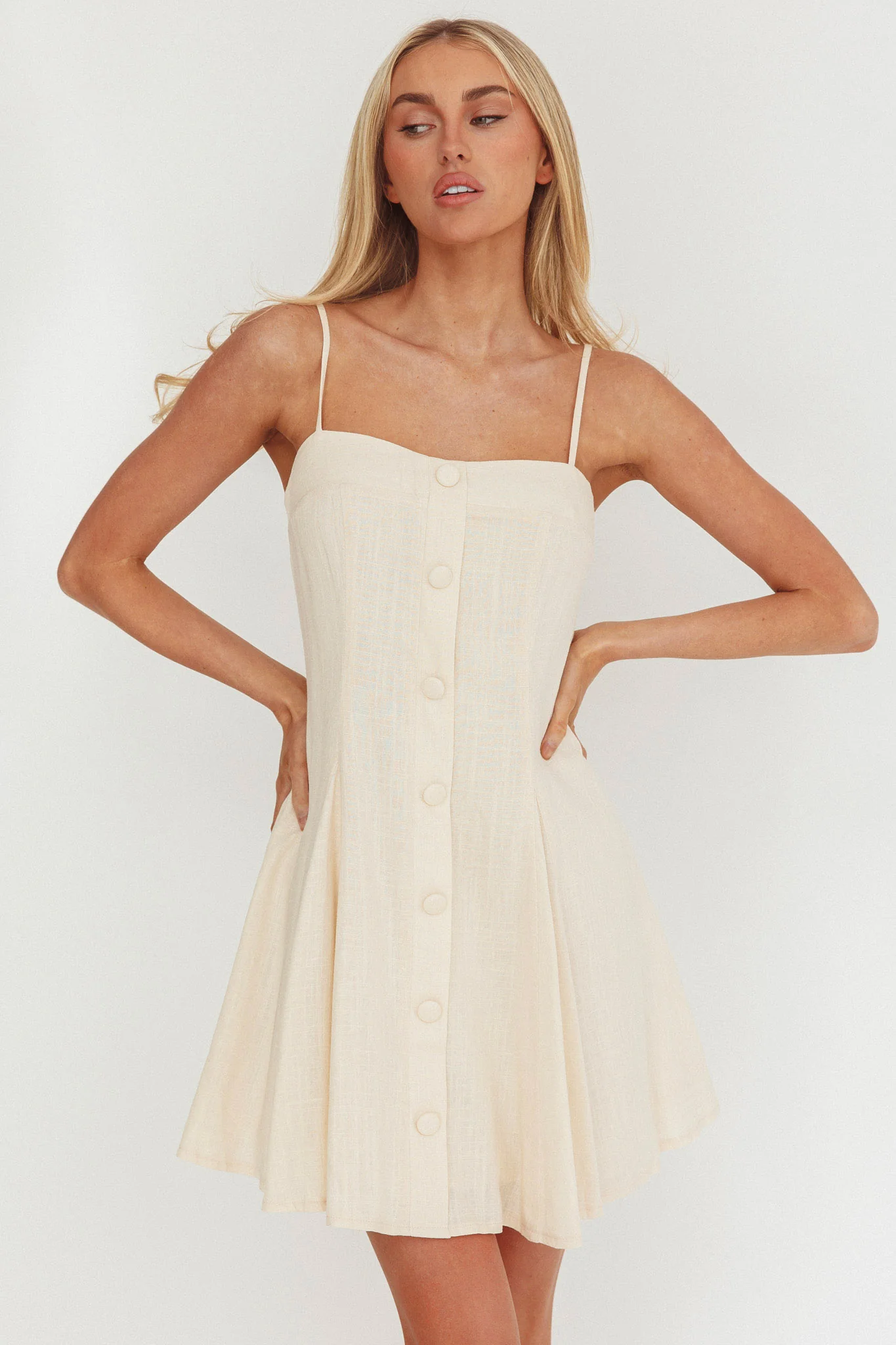 Fianna Button Front Godet Mini Dress Cream - Image 5