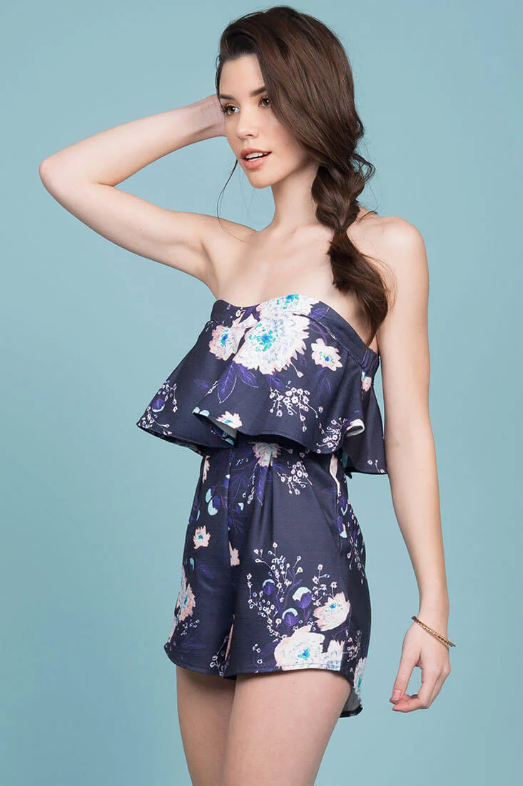 Fiesta Floral Ruffle Party Romper Navy - Image 3