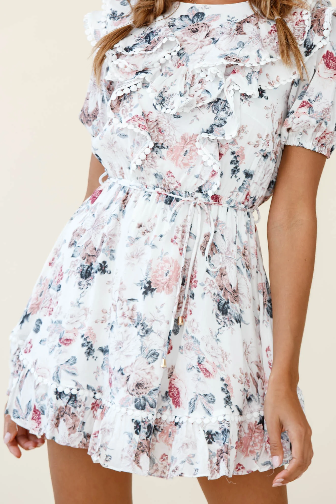 Finders Keepers Ruffle Trim Lace-Up Back Dress Floral Print White - Image 7