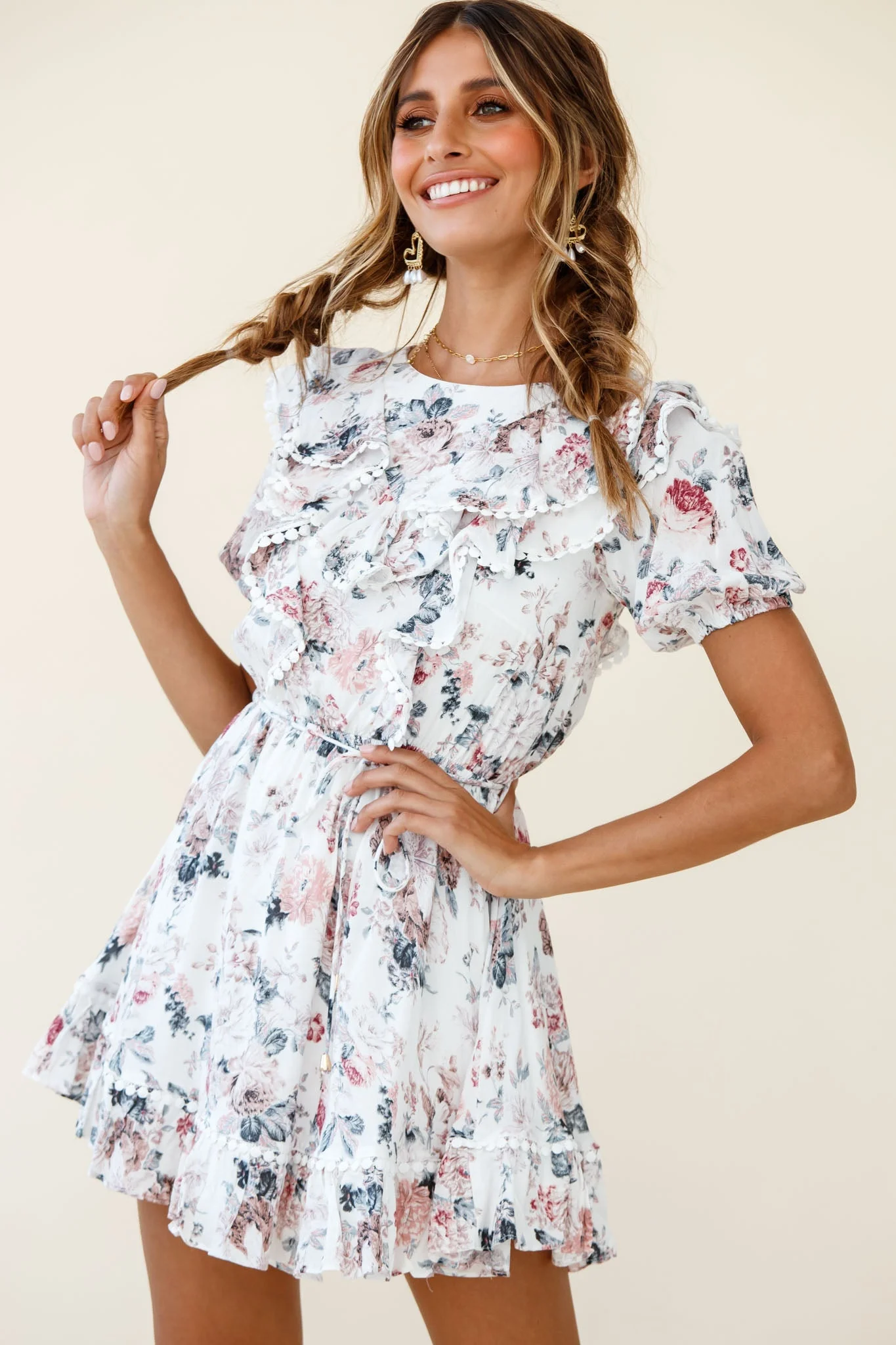Finders Keepers Ruffle Trim Lace-Up Back Dress Floral Print White - Image 8