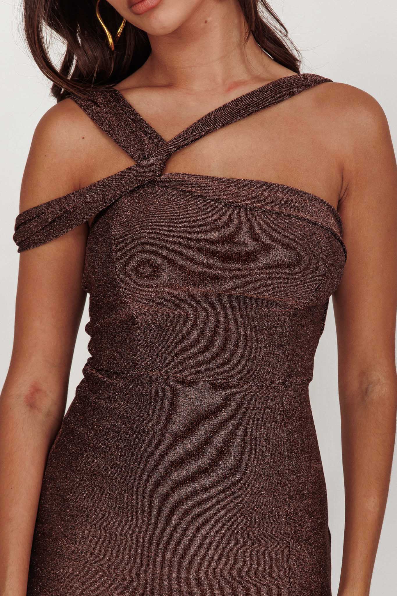 First Impressions One Shoulder Midi Dress Chocolate - Image 5