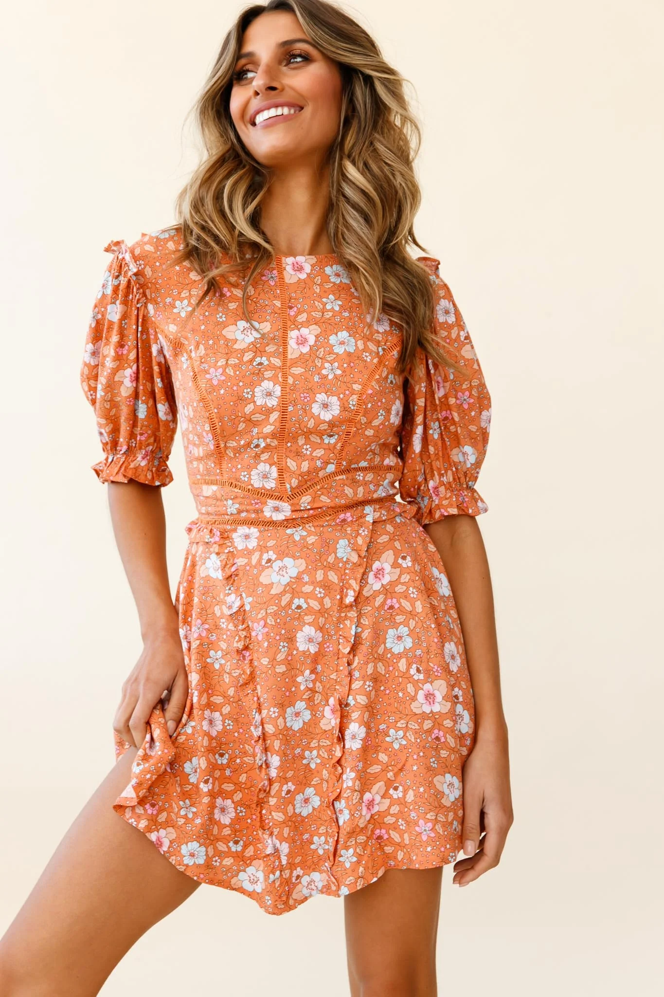 First Impressions Puff Sleeve Keyhole Back Dress Floral Print Orange/Pink - Image 7
