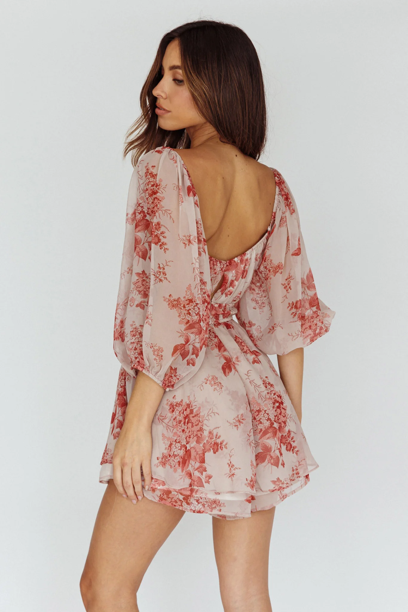 First Light Puff Sleeve Elasticated Waist Romper Floral Print Rose - Image 2