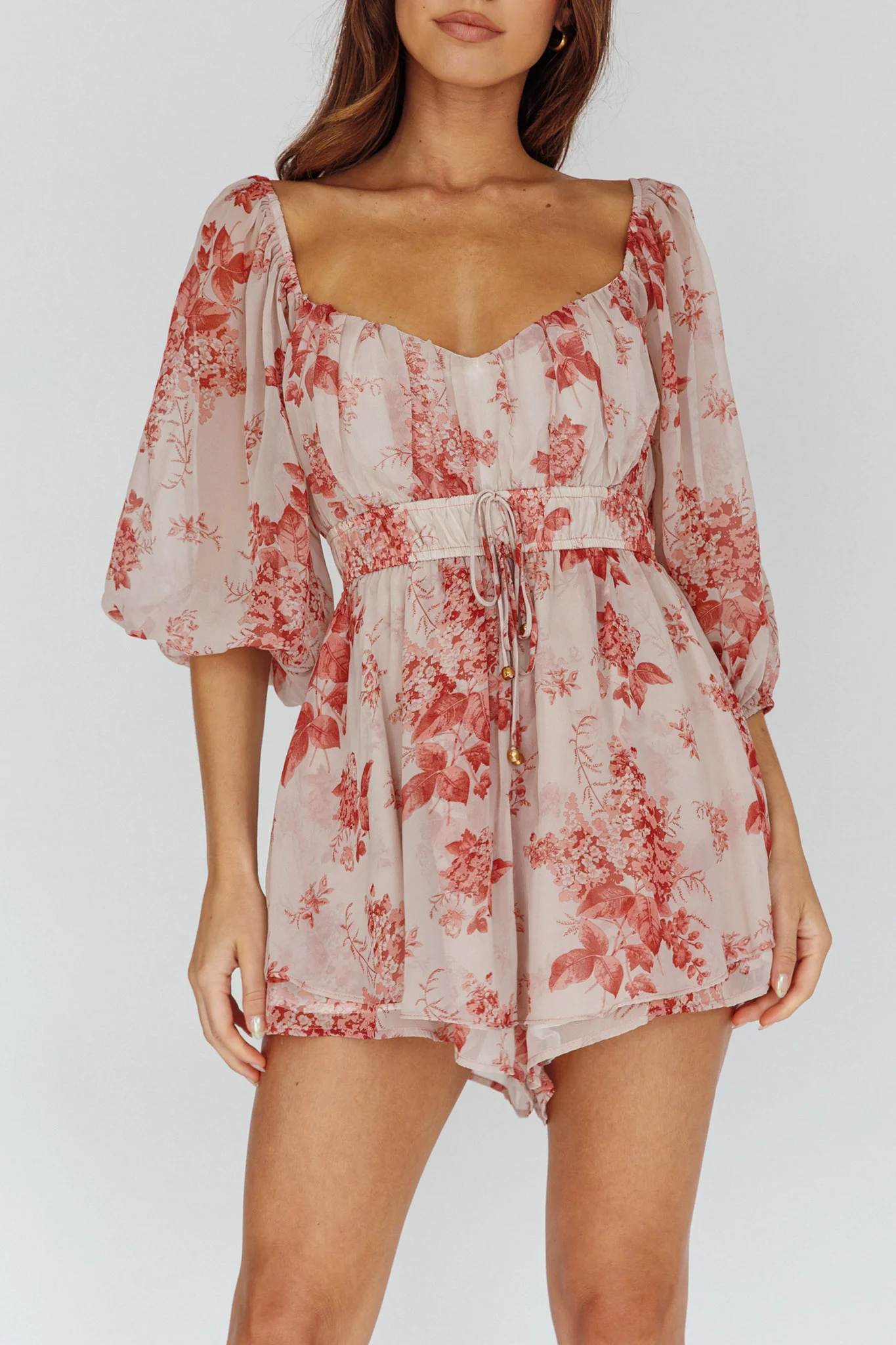 First Light Puff Sleeve Elasticated Waist Romper Floral Print Rose - Image 4