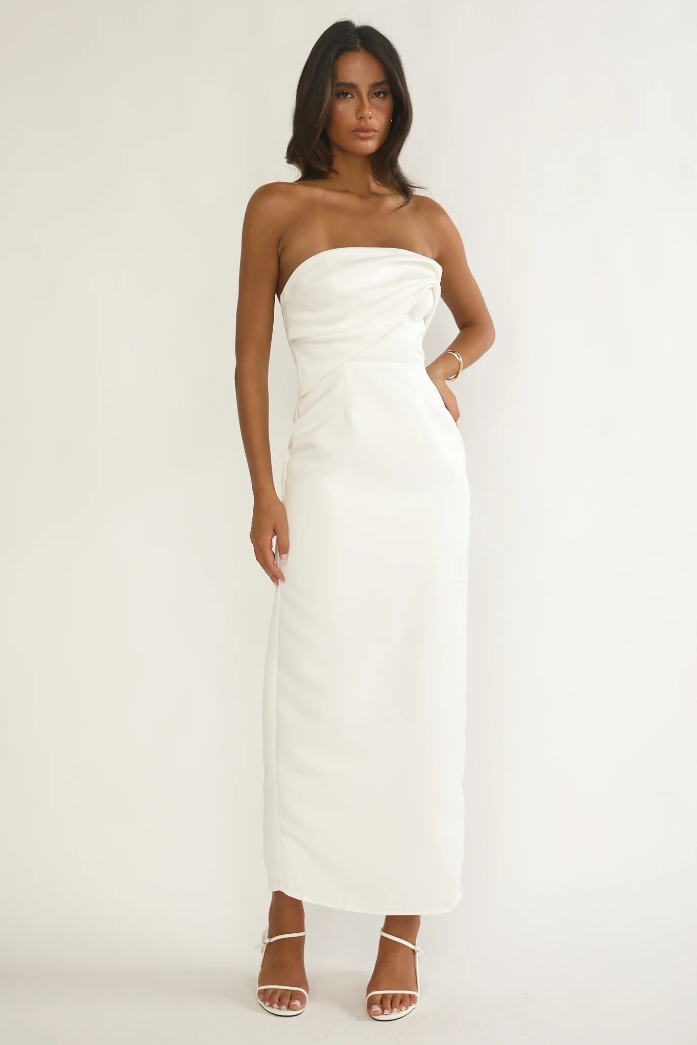 Fleur Sky Strapless Pleat Bust Maxi Dress White - Image 4