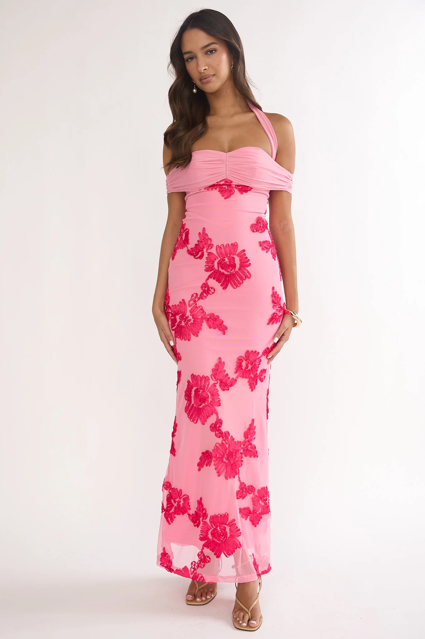 Fleurie Halter Off-Shoulder Maxi Dress Embellished Pink - Image 4