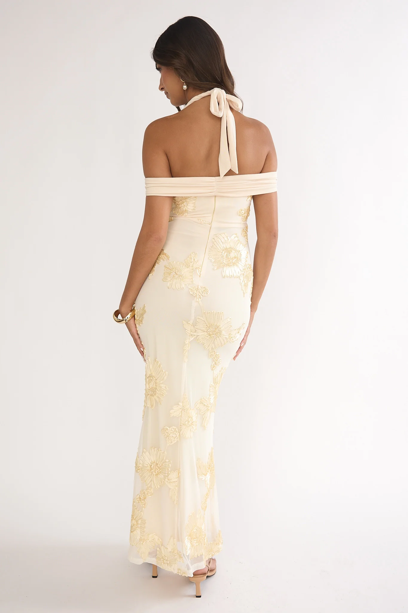 Fleurie Halter Off-Shoulder Maxi Dress Embellished Yellow - Image 2