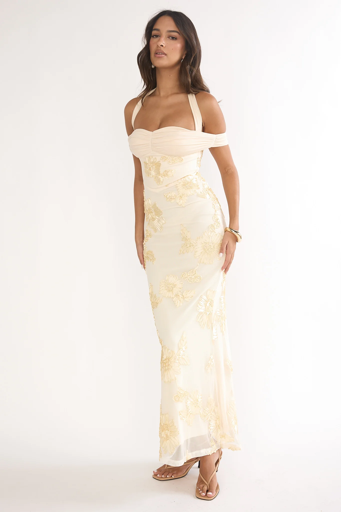 Fleurie Halter Off-Shoulder Maxi Dress Embellished Yellow - Image 4