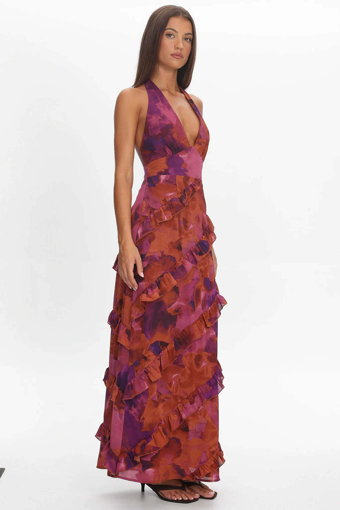 Flirt Frill Trim Halter Maxi Dress Dark Rose - Image 2