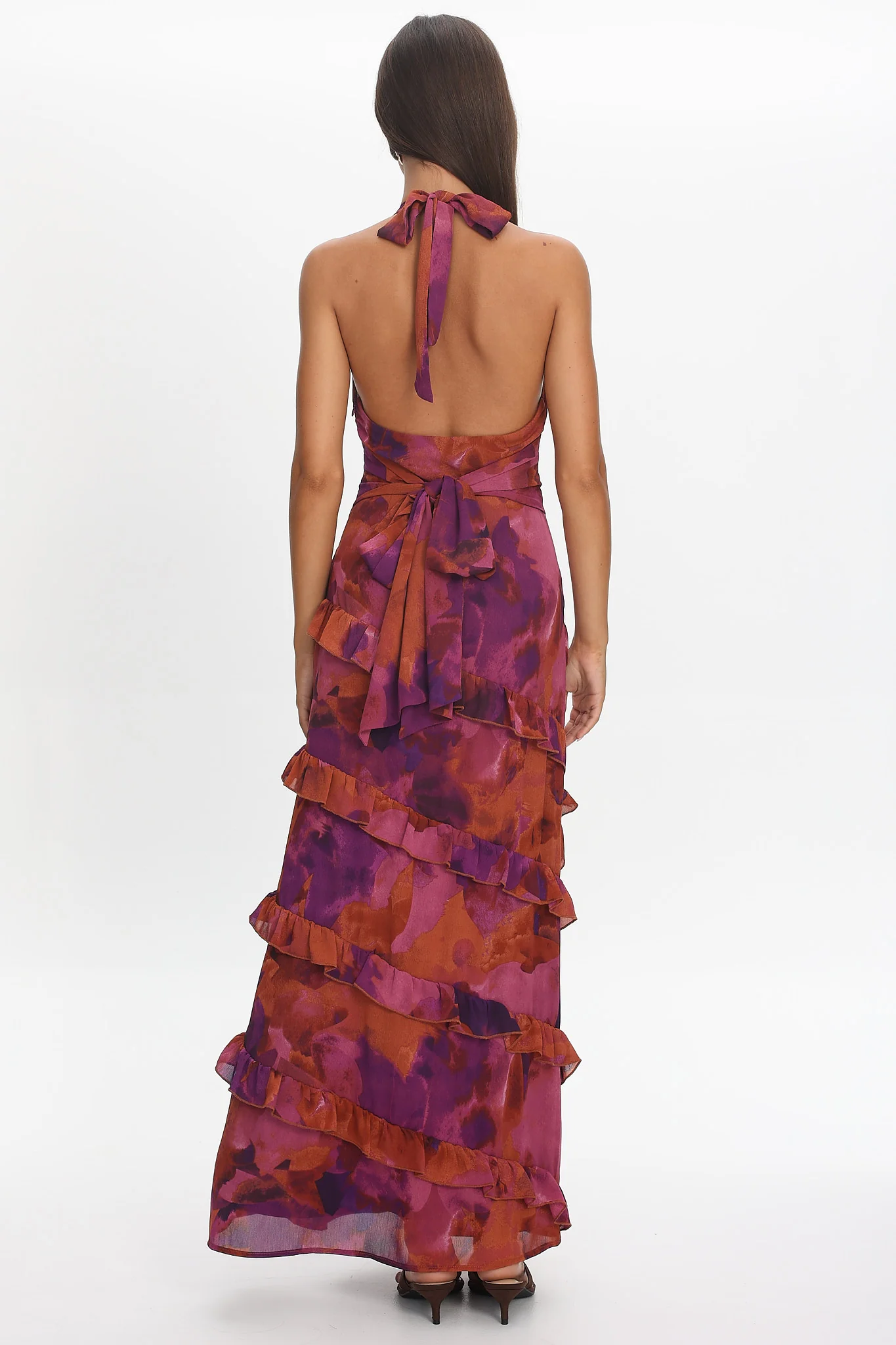 Flirt Frill Trim Halter Maxi Dress Dark Rose - Image 3