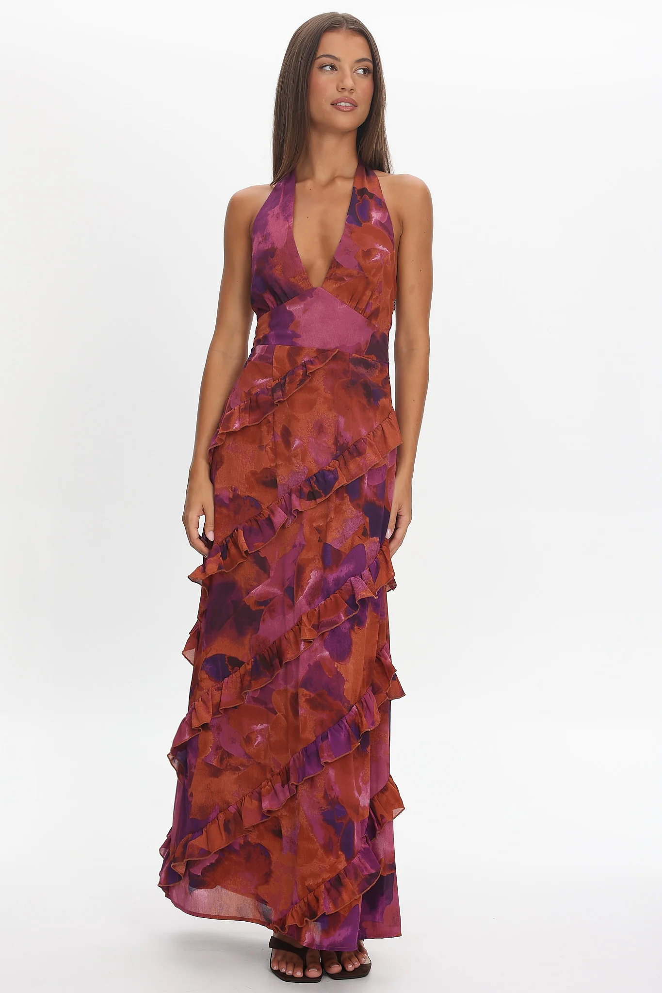Flirt Frill Trim Halter Maxi Dress Dark Rose - Image 5