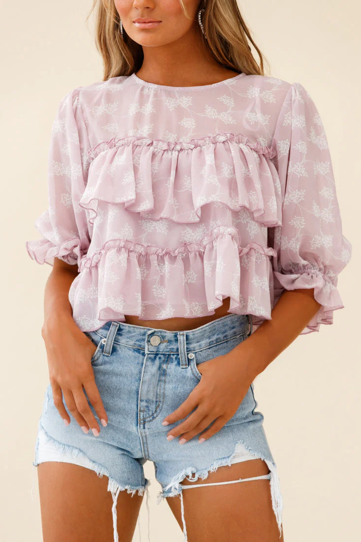 Float On By Layered Ruffle Crop Top Leaf Print Pink - Image 7