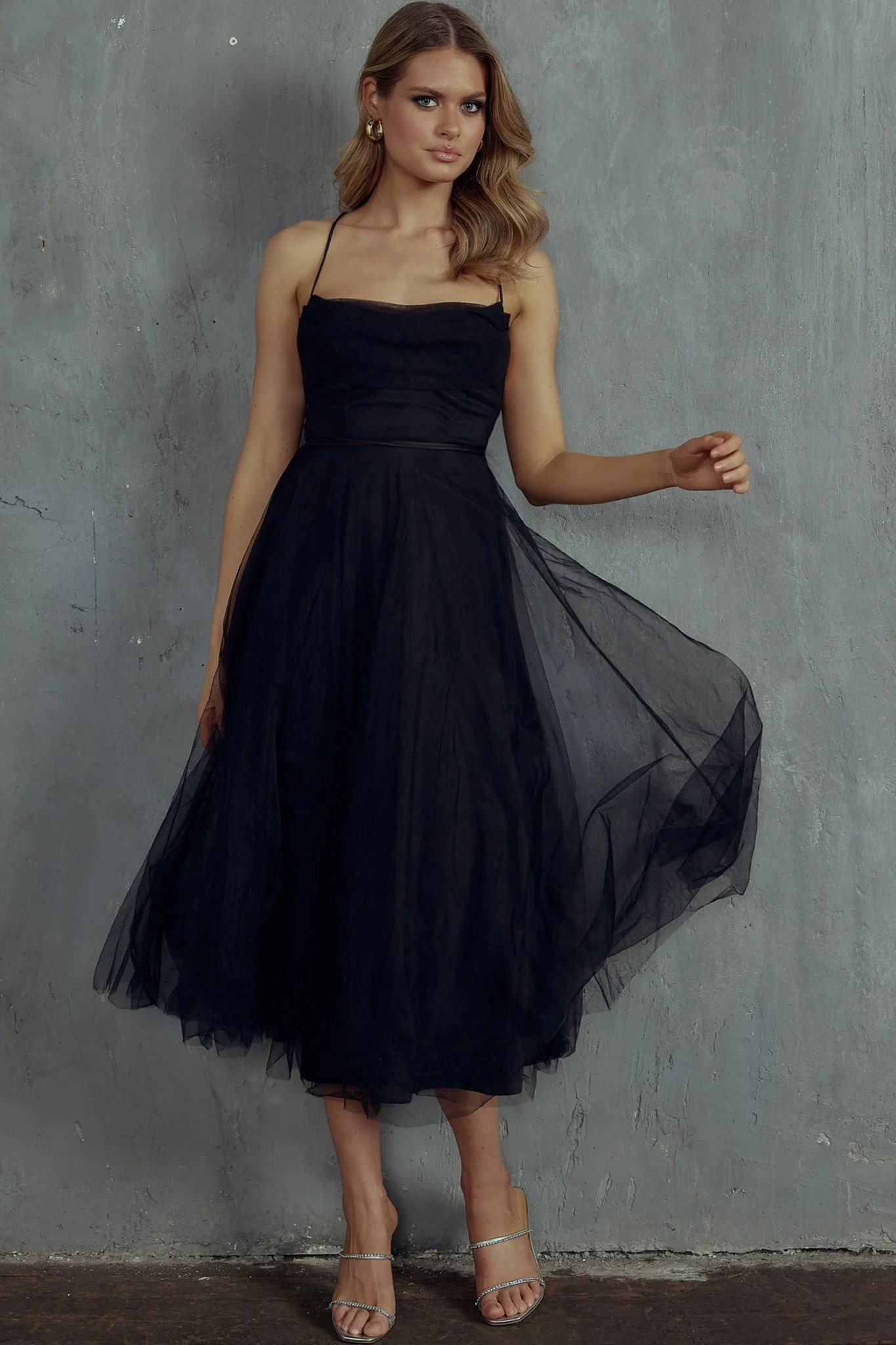 Floating By Pleated Neckline Mesh Midi Dress Black - Image 9