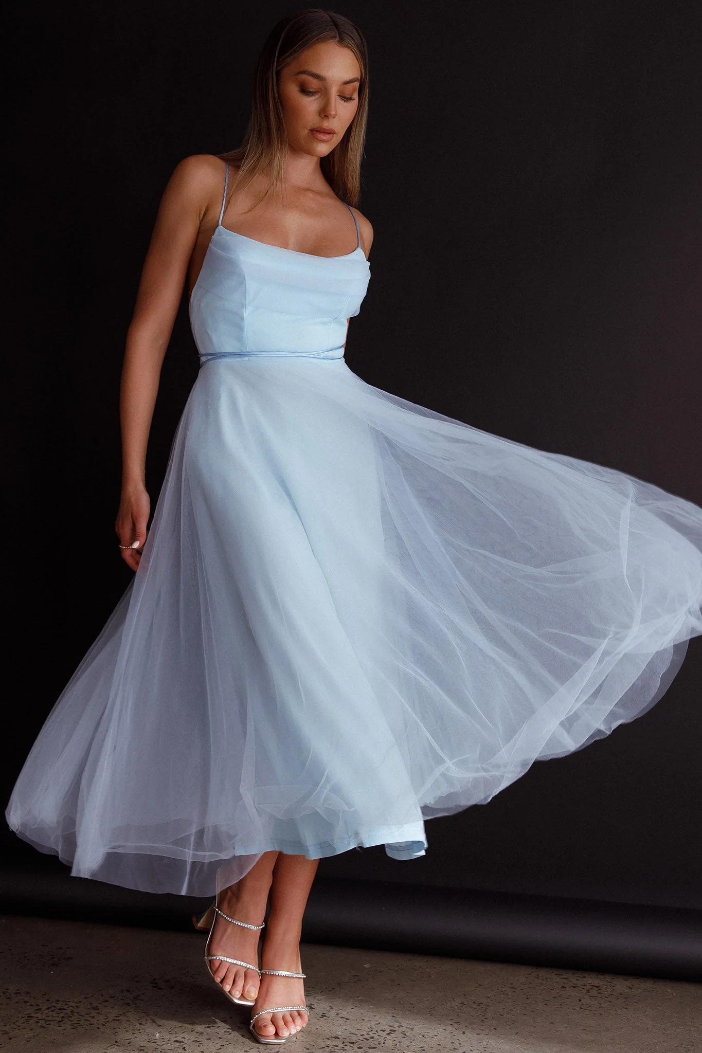 Floating By Pleated Neckline Mesh Midi Dress Blue - Image 7