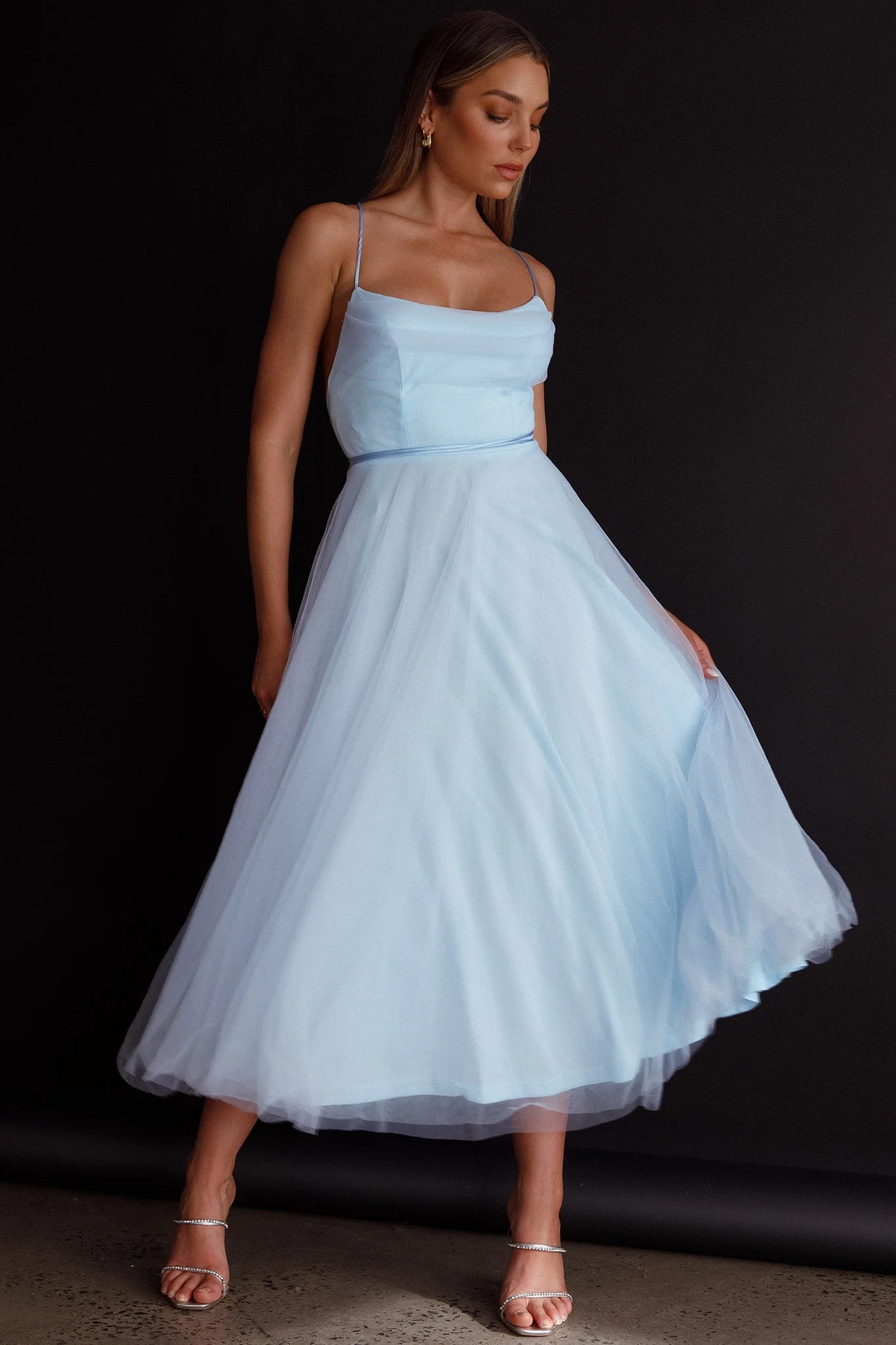 Floating By Pleated Neckline Mesh Midi Dress Blue - Image 8