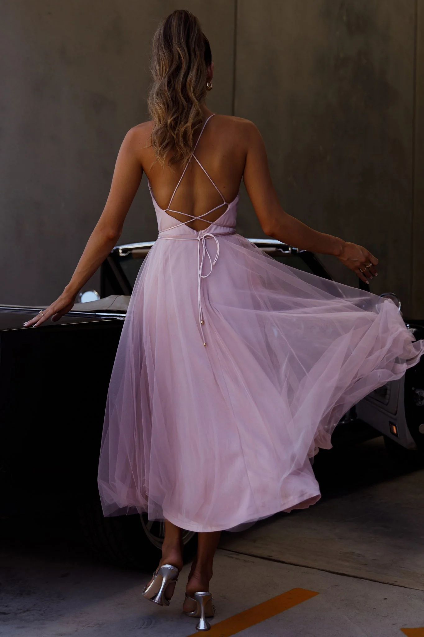 Floating By Pleated Neckline Mesh Midi Dress Blush - Image 2