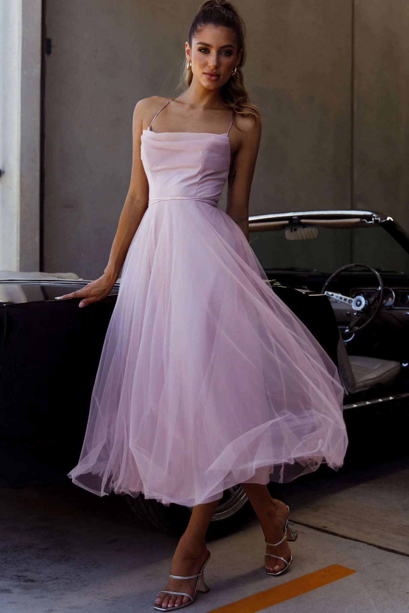 Floating By Pleated Neckline Mesh Midi Dress Blush - Image 3