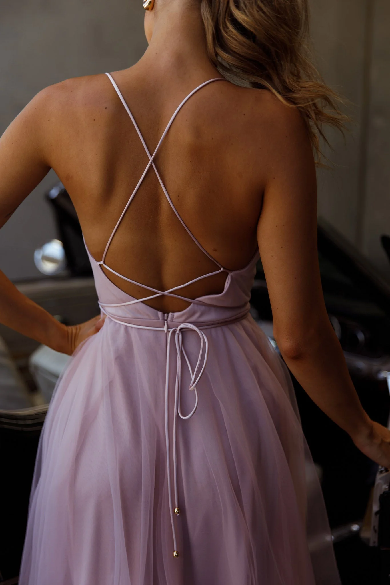 Floating By Pleated Neckline Mesh Midi Dress Blush - Image 5