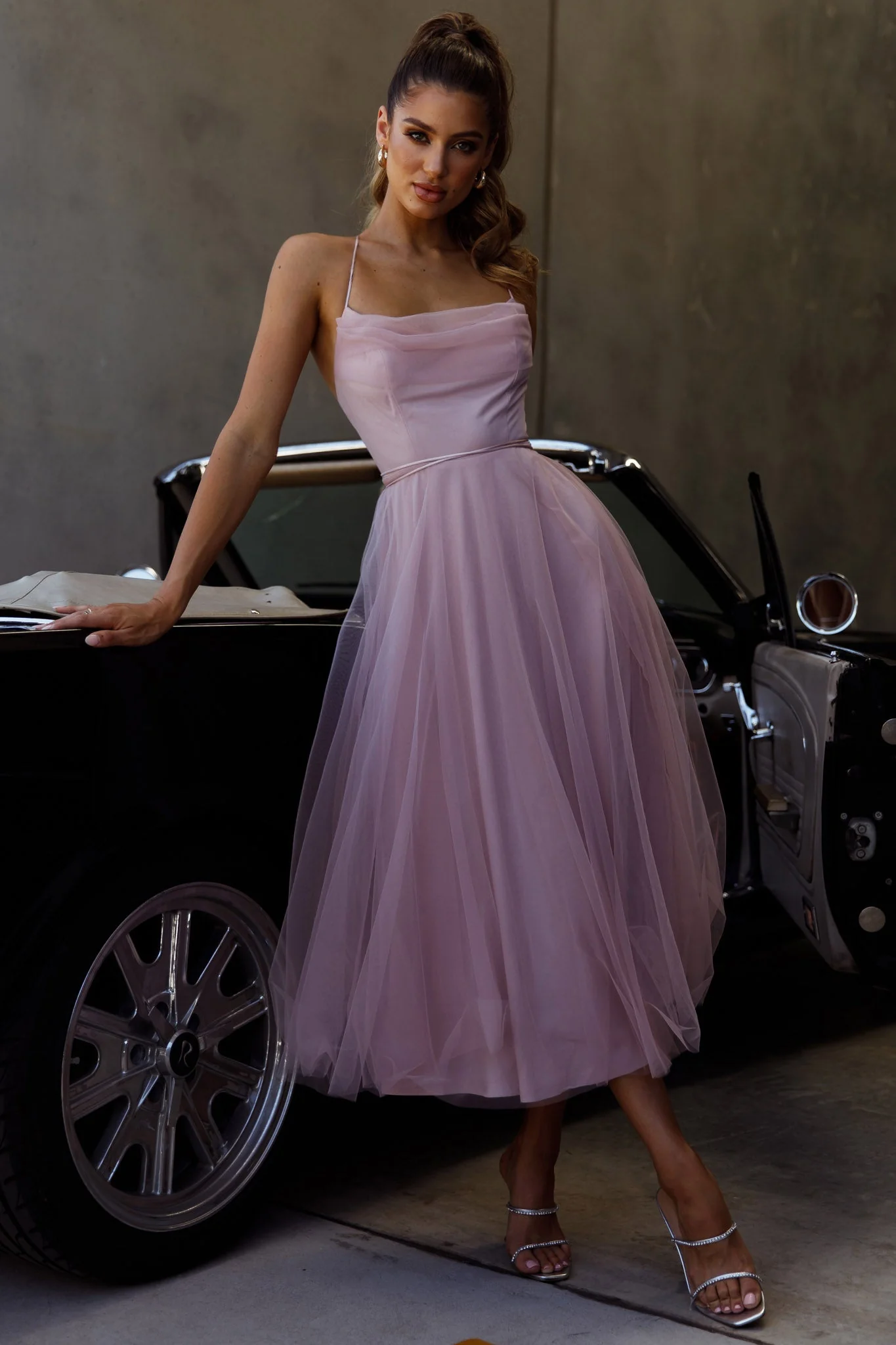 Floating By Pleated Neckline Mesh Midi Dress Blush - Image 6