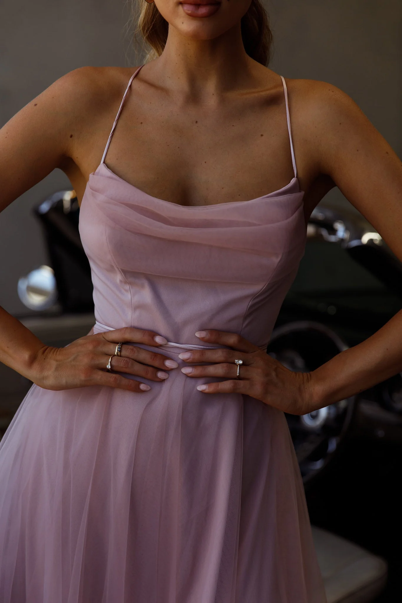 Floating By Pleated Neckline Mesh Midi Dress Blush - Image 9