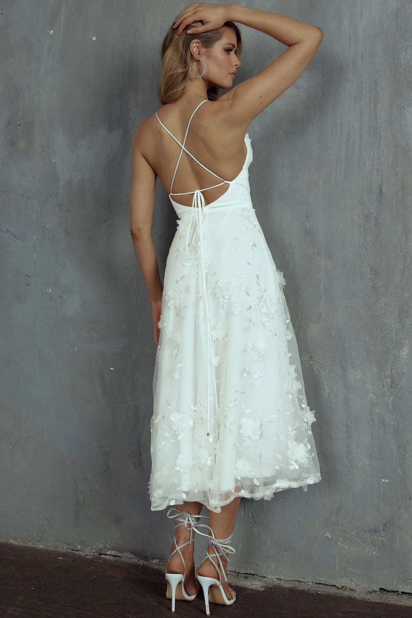 Floating By Pleated Neckline Mesh Midi Dress Embellished White - Image 2